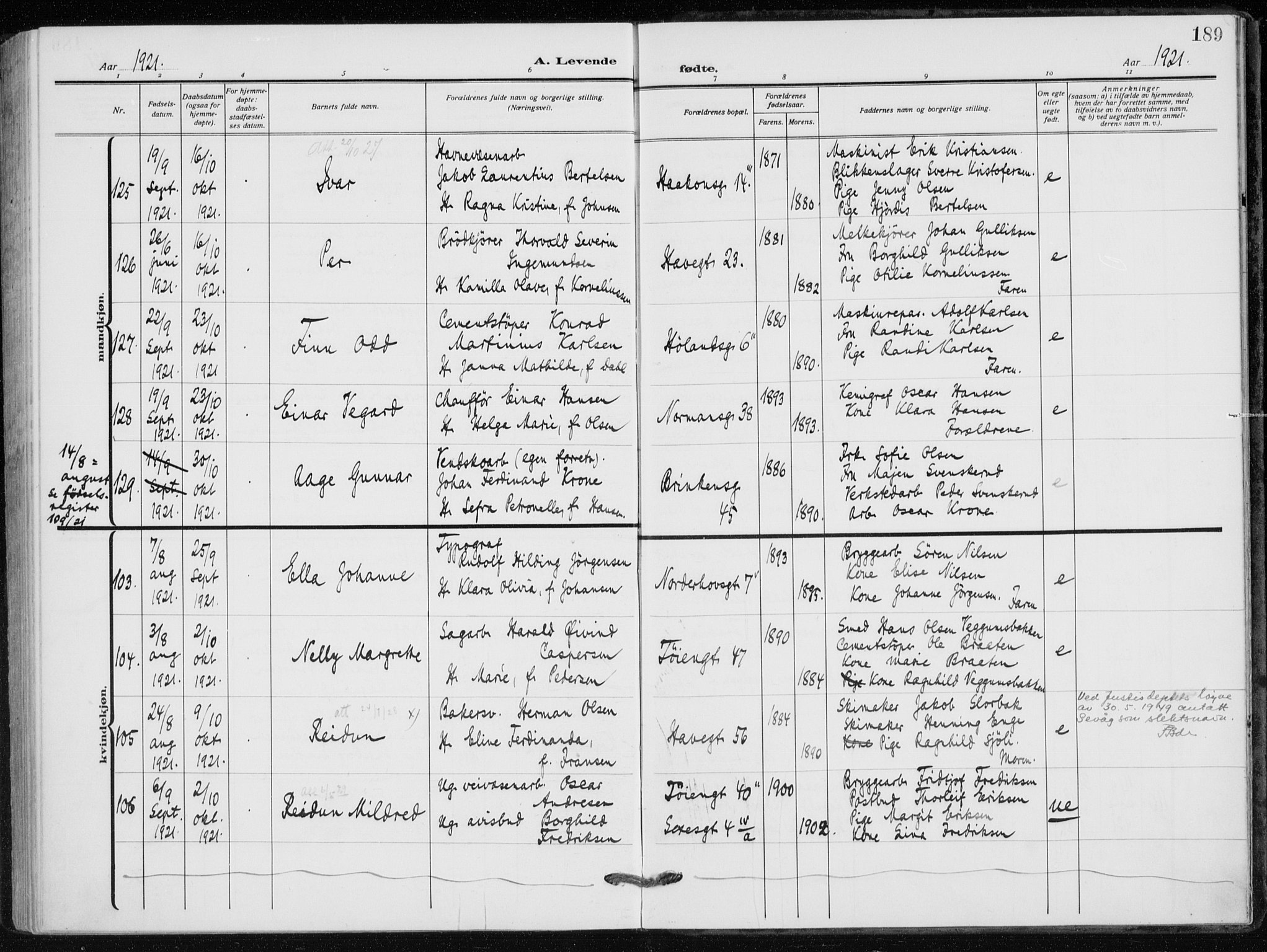 Kampen prestekontor Kirkebøker, AV/SAO-A-10853/F/Fa/L0012: Ministerialbok nr. I 12, 1916-1921, s. 189