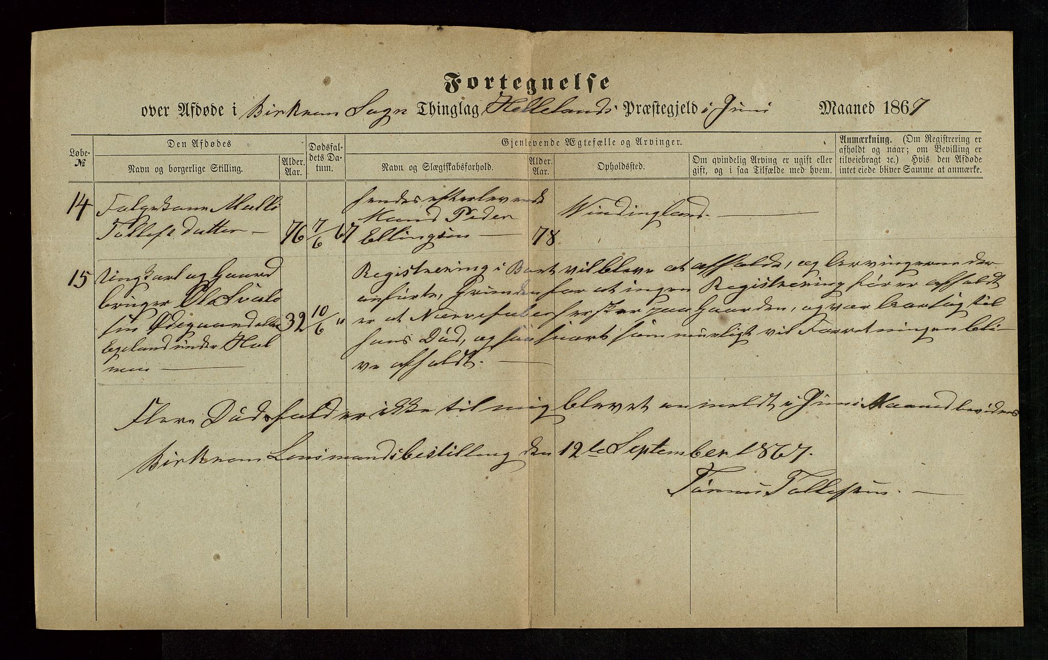 Jæren og Dalane sorenskriveri, AV/SAST-A-100306/5/52AB/L0004: DØDSFALL-LISTER DALANE, 1865-1868, s. 33