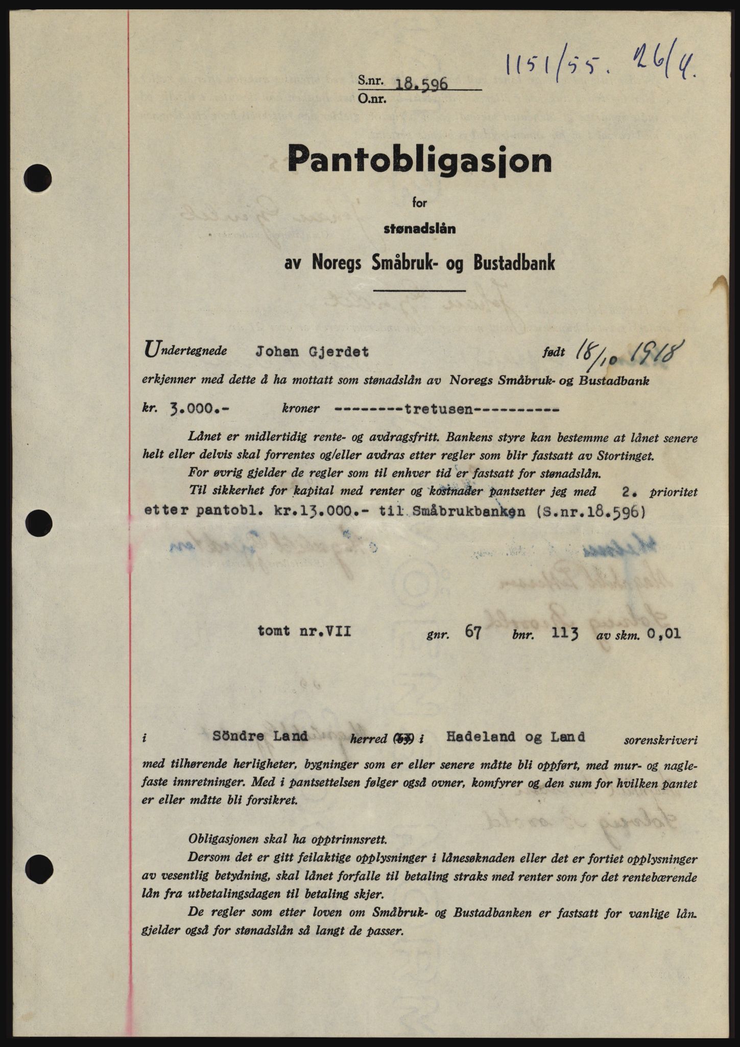 Hadeland og Land tingrett, SAH/TING-010/H/Hb/Hbc/L0032: Pantebok nr. B32, 1955-1955, Dagboknr: 1151/1955