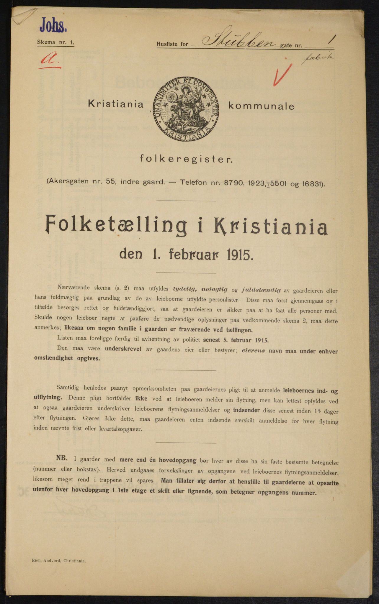 OBA, Kommunal folketelling 1.2.1915 for Kristiania, 1915, s. 104607