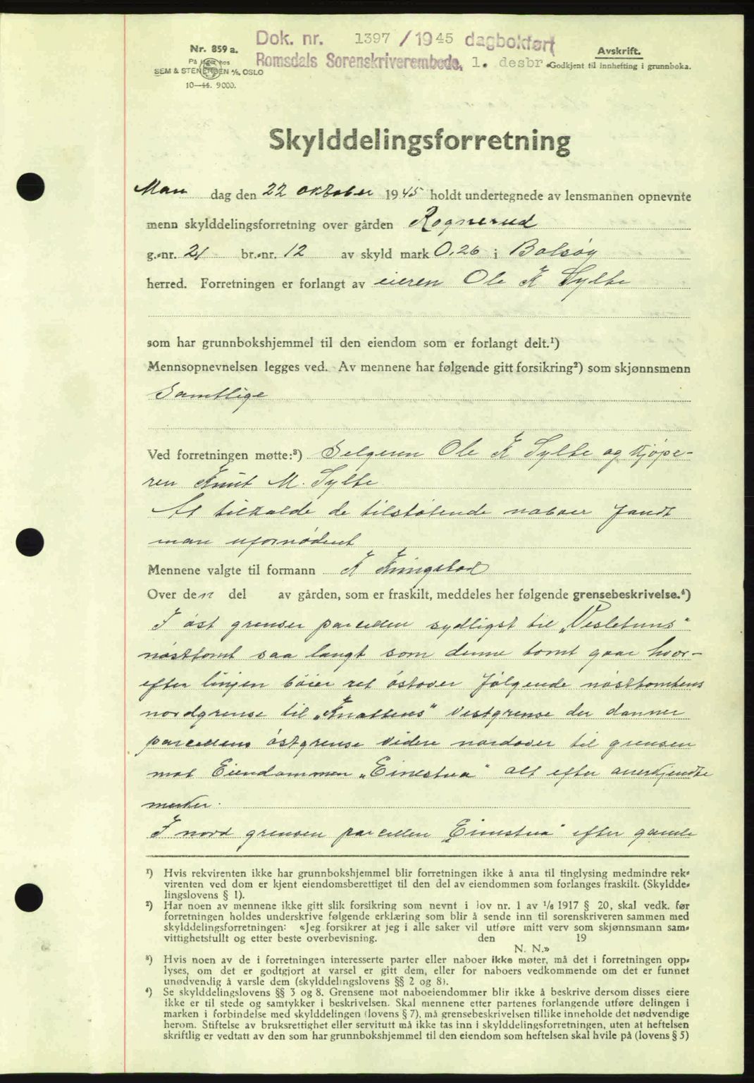 Romsdal sorenskriveri, SAT/A-4149/1/2/2C: Pantebok nr. A18, 1945-1945, Dagboknr: 1397/1945