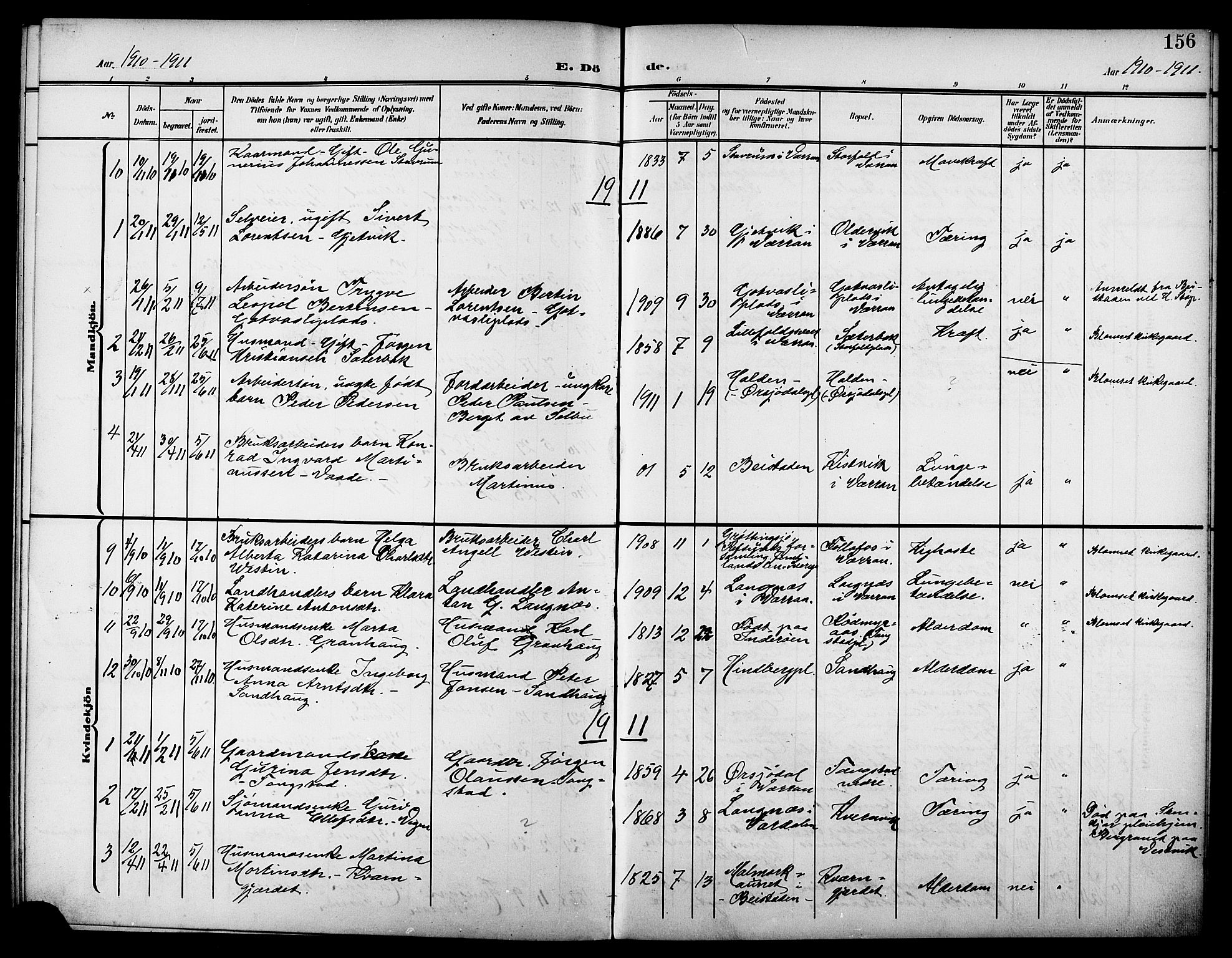 Ministerialprotokoller, klokkerbøker og fødselsregistre - Nord-Trøndelag, SAT/A-1458/744/L0424: Klokkerbok nr. 744C03, 1906-1923, s. 156