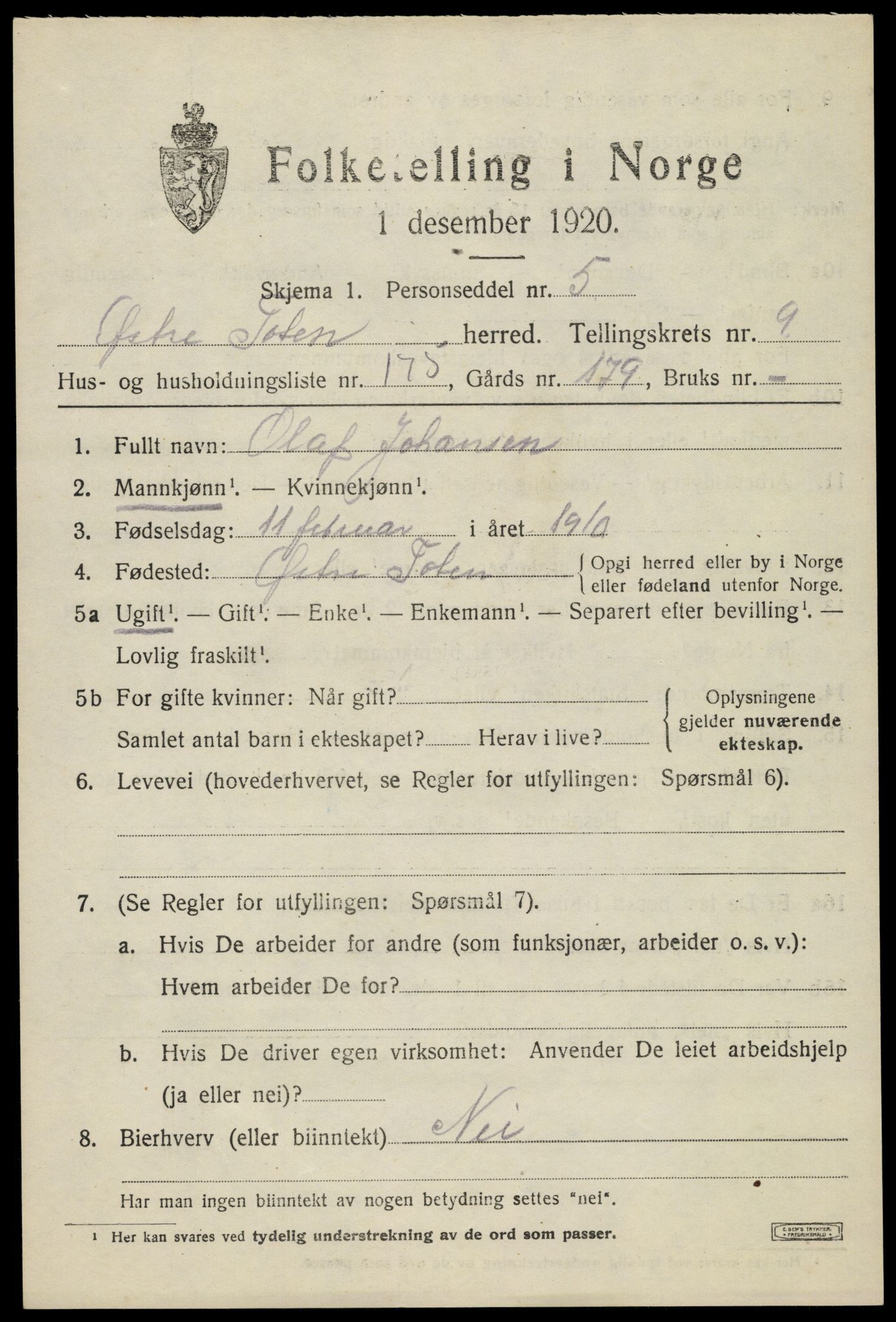 SAH, Folketelling 1920 for 0528 Østre Toten herred, 1920, s. 20350