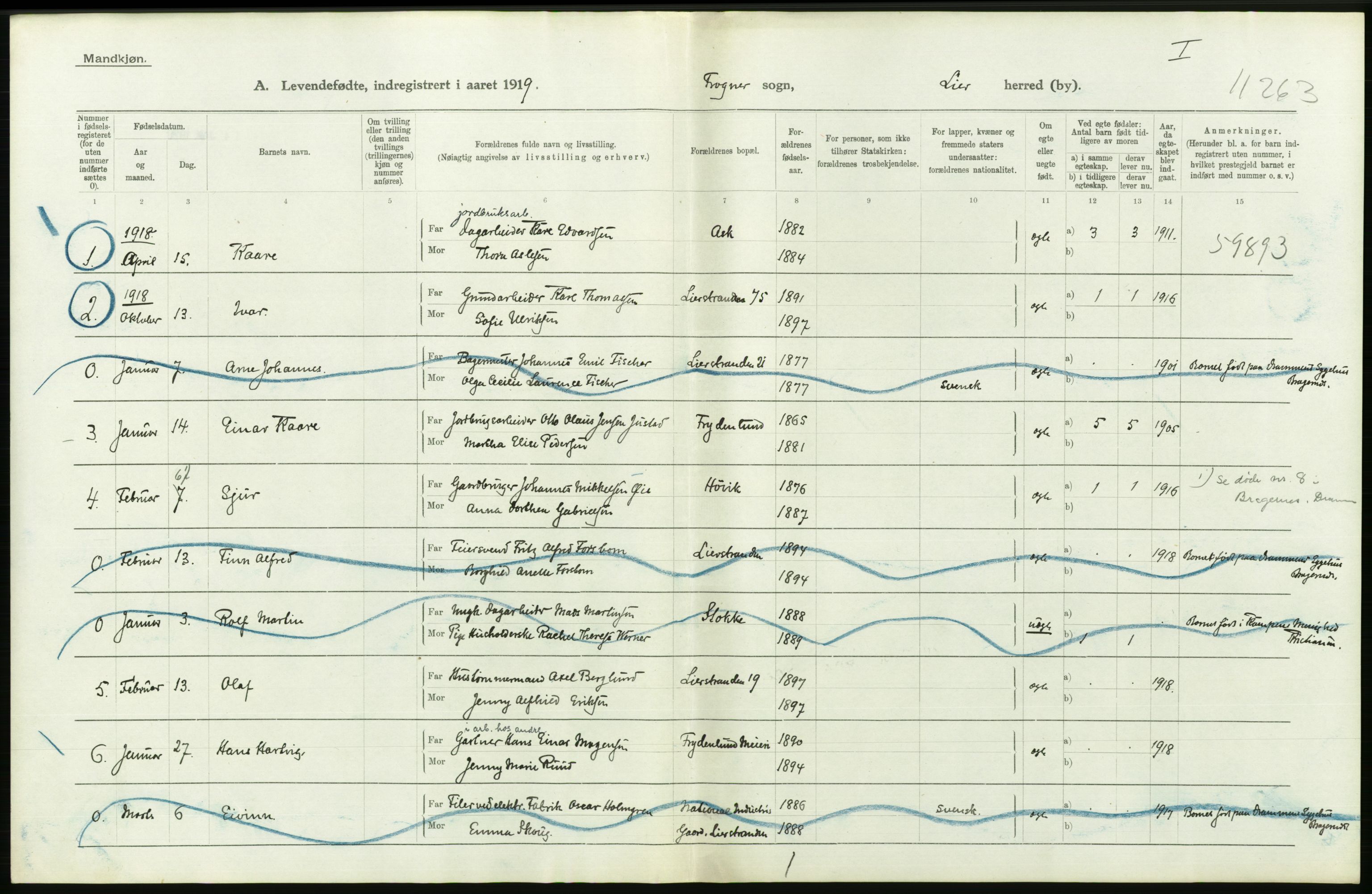 Statistisk sentralbyrå, Sosiodemografiske emner, Befolkning, RA/S-2228/D/Df/Dfb/Dfbi/L0016: Buskerud fylke: Levendefødte menn og kvinner. Bygder., 1919, s. 356