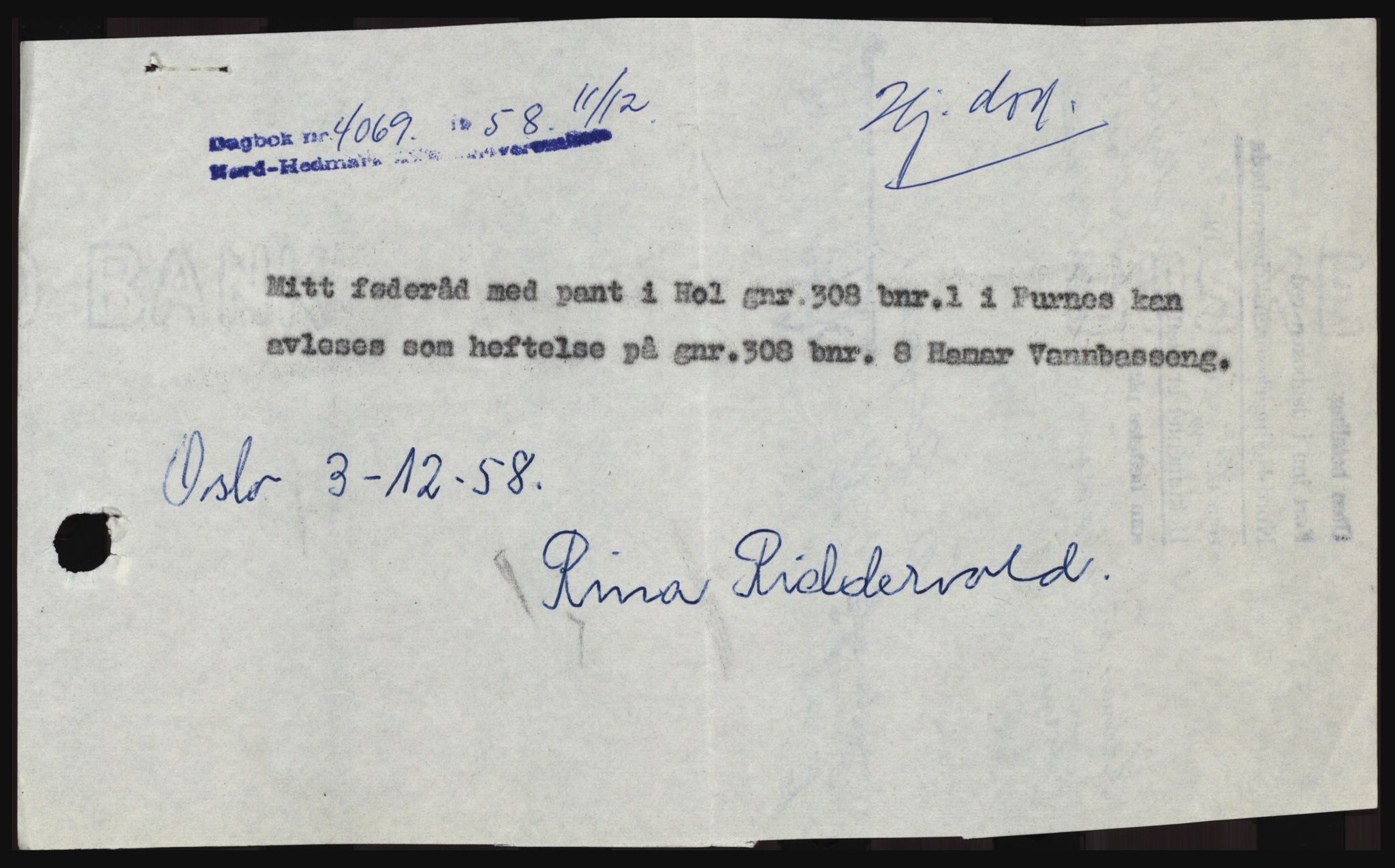 Nord-Hedmark sorenskriveri, SAH/TING-012/H/Hc/L0012: Pantebok nr. 12, 1957-1958, Dagboknr: 4069/1958