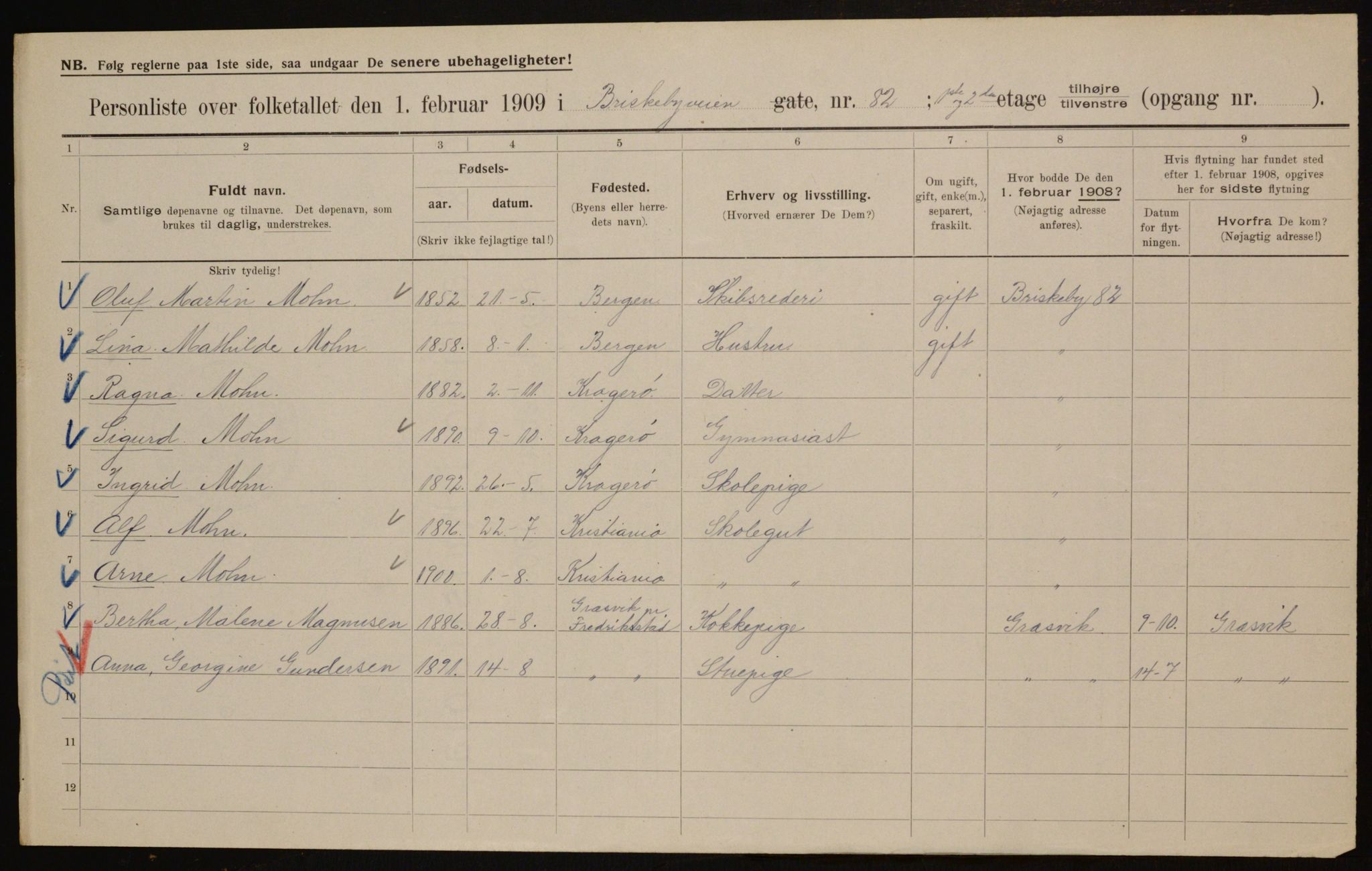 OBA, Kommunal folketelling 1.2.1909 for Kristiania kjøpstad, 1909, s. 8968