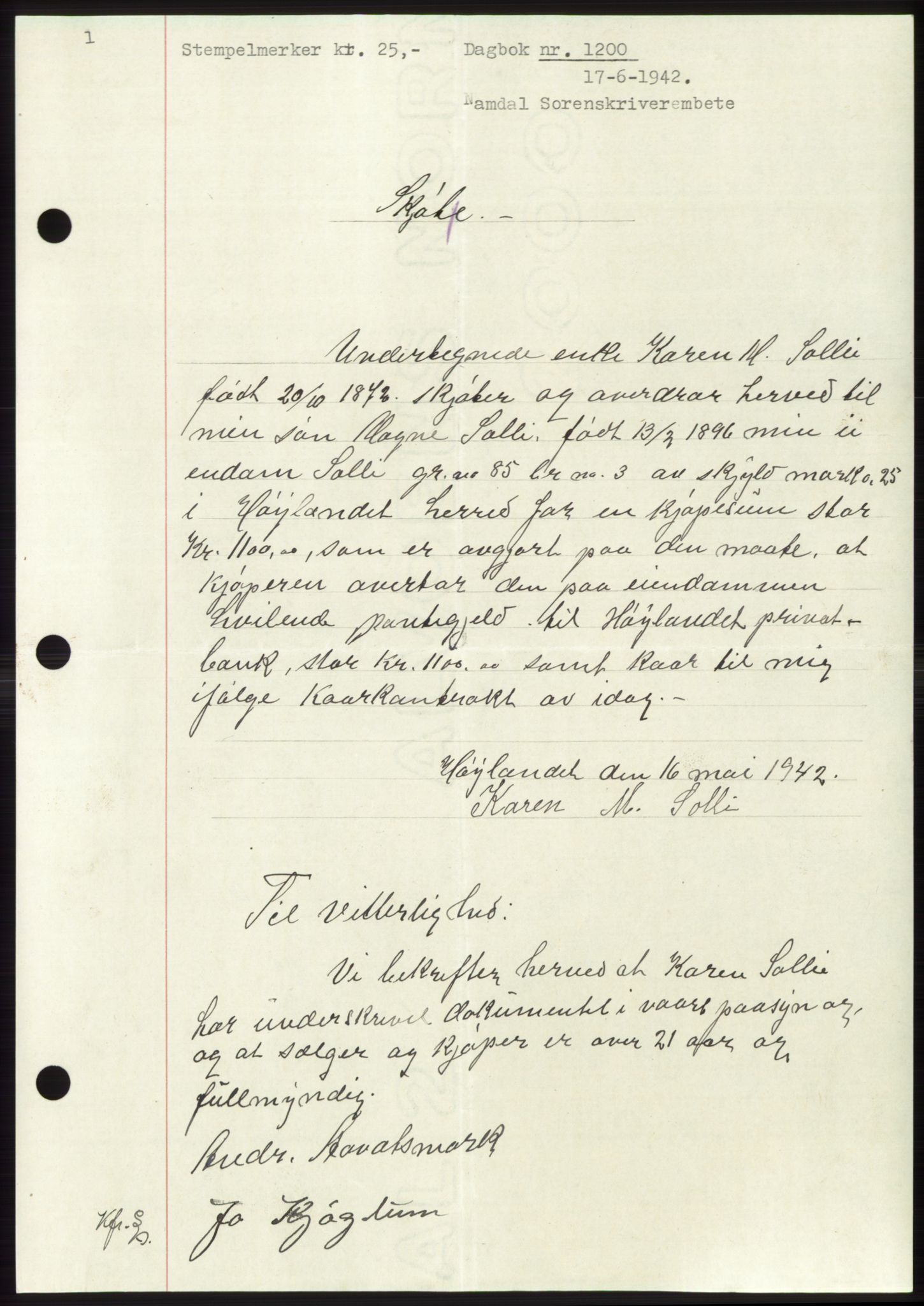Namdal sorenskriveri, SAT/A-4133/1/2/2C: Pantebok nr. -, 1941-1942, Dagboknr: 1200/1942