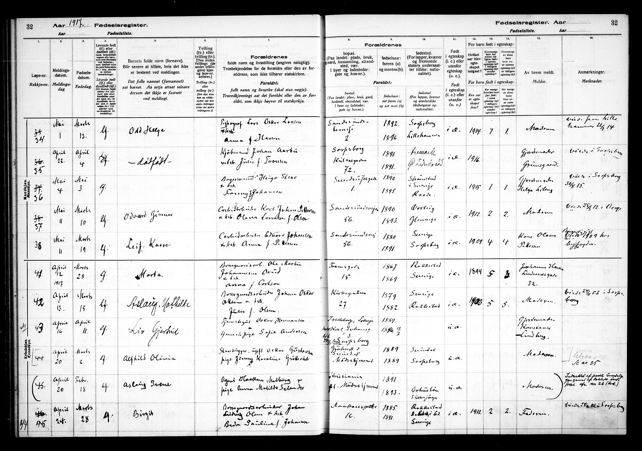 Sarpsborg prestekontor Kirkebøker, AV/SAO-A-2006/J/Ja/L0001: Fødselsregister nr. 1, 1916-1922, s. 32