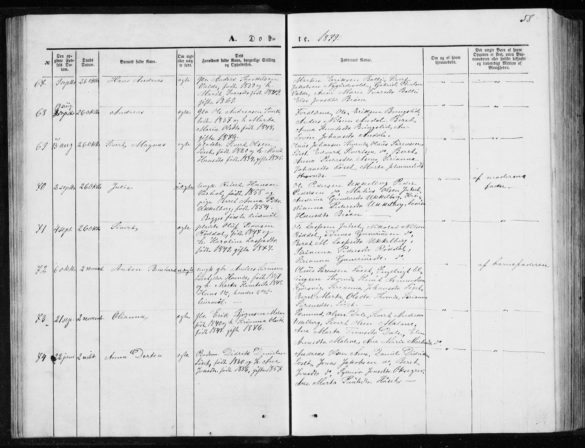 Ministerialprotokoller, klokkerbøker og fødselsregistre - Møre og Romsdal, AV/SAT-A-1454/565/L0754: Klokkerbok nr. 565C03, 1870-1896, s. 58