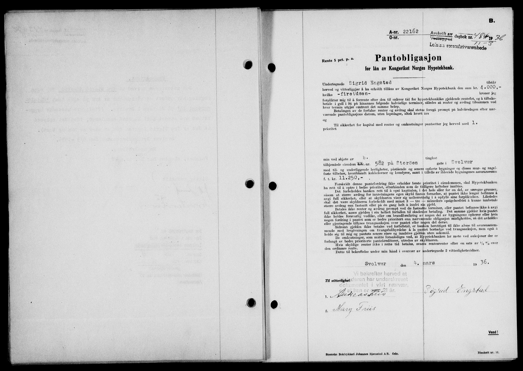 Lofoten sorenskriveri, SAT/A-0017/1/2/2C/L0033b: Pantebok nr. 33b, 1936-1936, Dagboknr: 484/1936