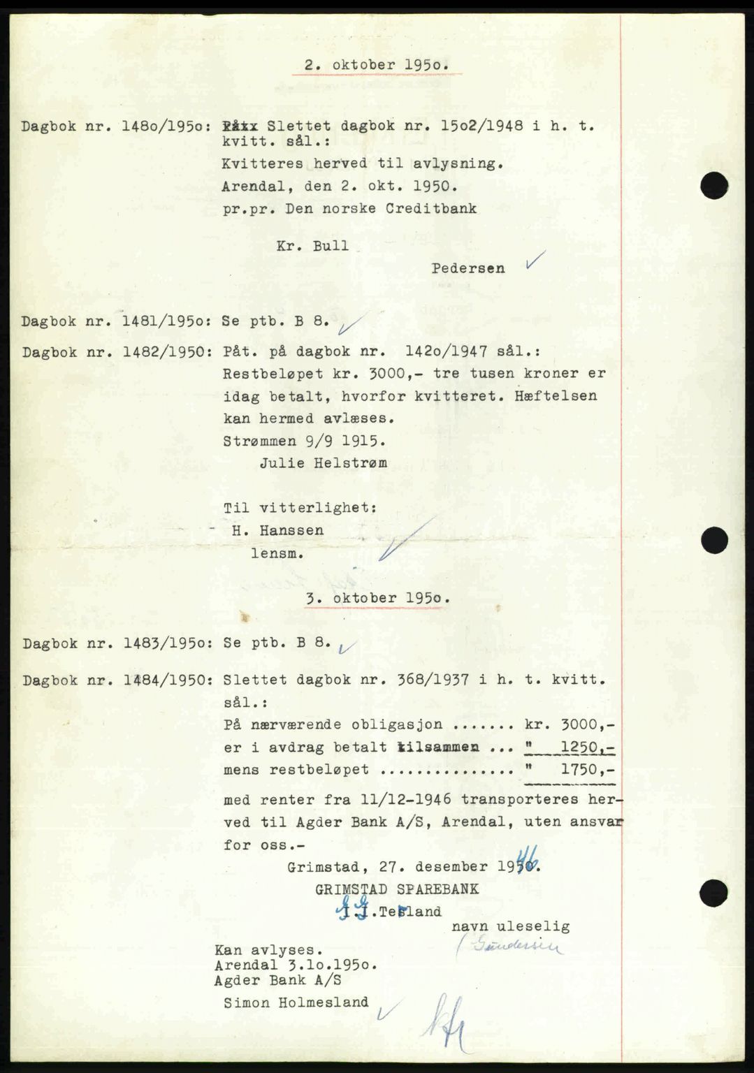 Nedenes sorenskriveri, SAK/1221-0006/G/Gb/Gba/L0063: Pantebok nr. A15, 1950-1950, Dagboknr: 1480/1950