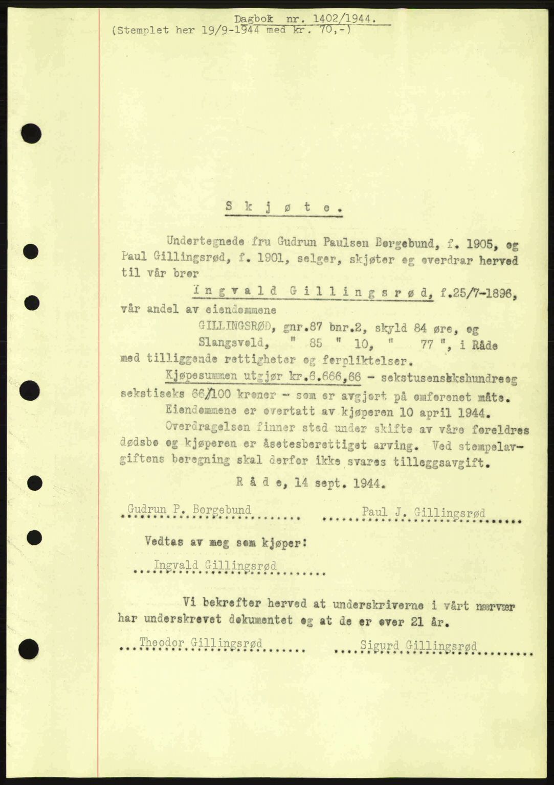 Moss sorenskriveri, SAO/A-10168: Pantebok nr. A13, 1944-1945, Dagboknr: 1402/1944