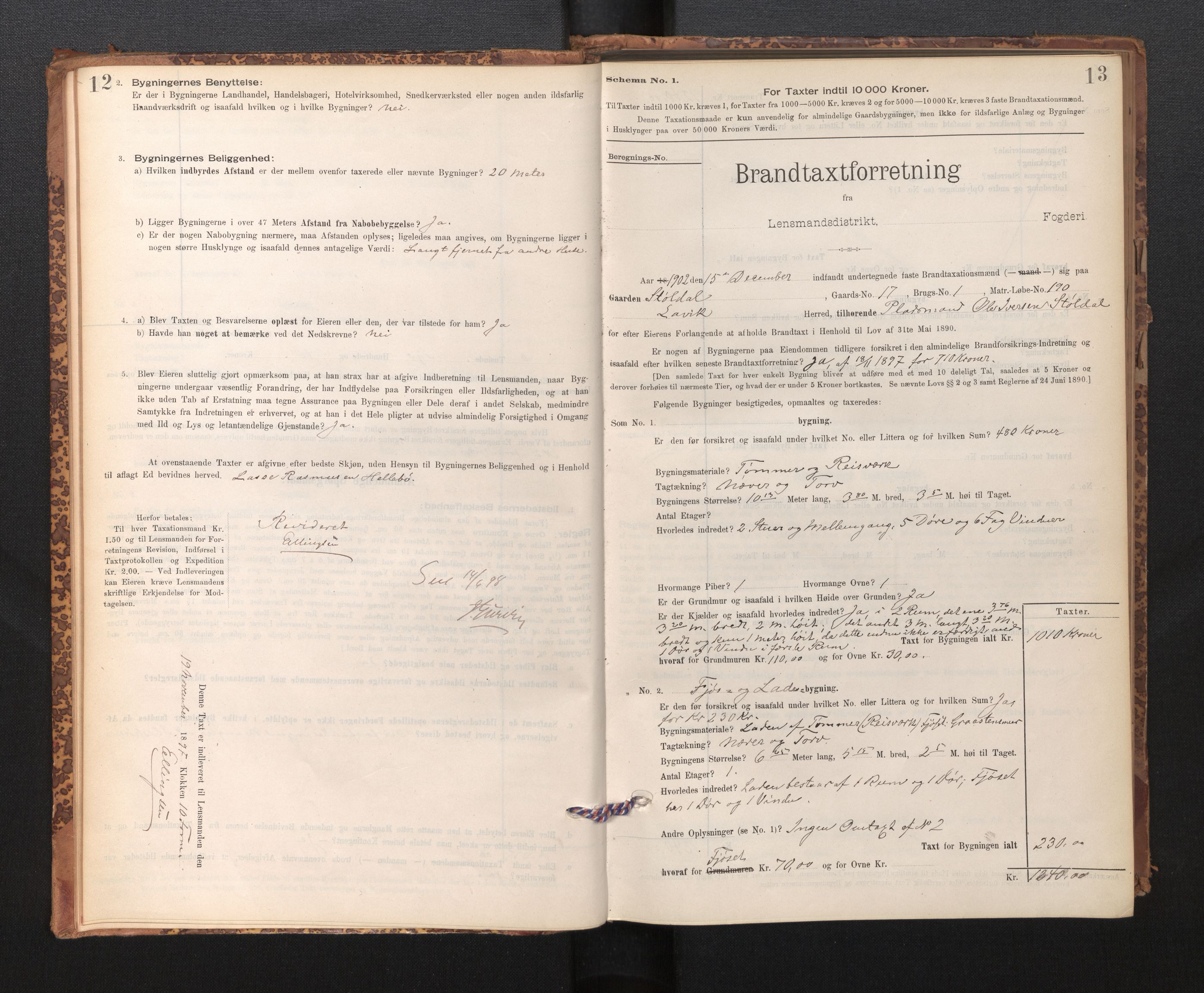 Lensmannen i Lavik, SAB/A-29101/0012/L0002: Branntakstprotokoll, skjematakst, 1895-1933, s. 12-13