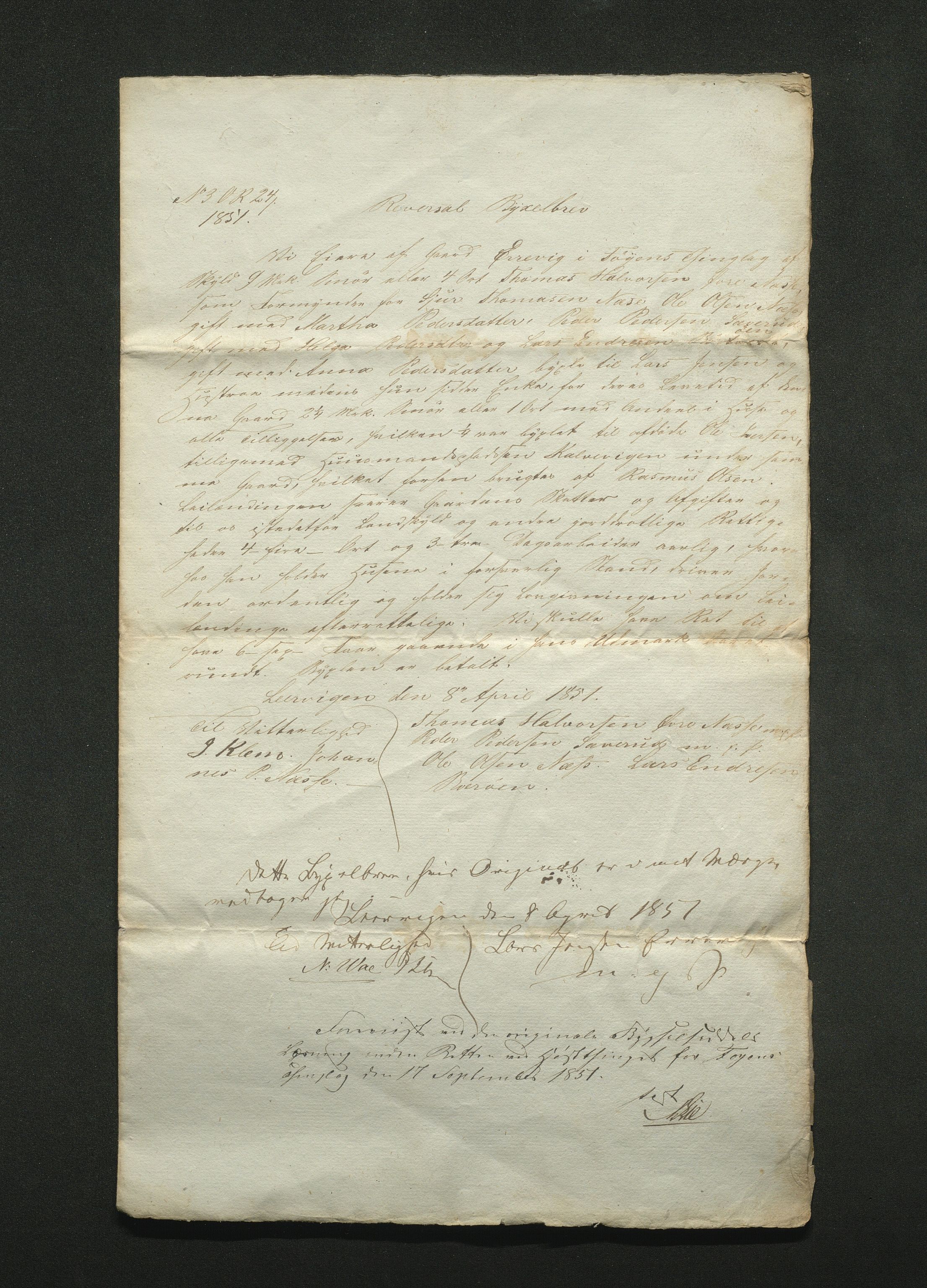Privatarkivsamling fra gårder i Bømlo, IKAH/1219-Pa0018/Q/Qa/L0001/0008: Gården Erevik nr. 16, Halsnøe Kloster Gods / Reversal og bygselbrev, Gården Erevik no. 16, Halsnøe Kloster Gods, 1851