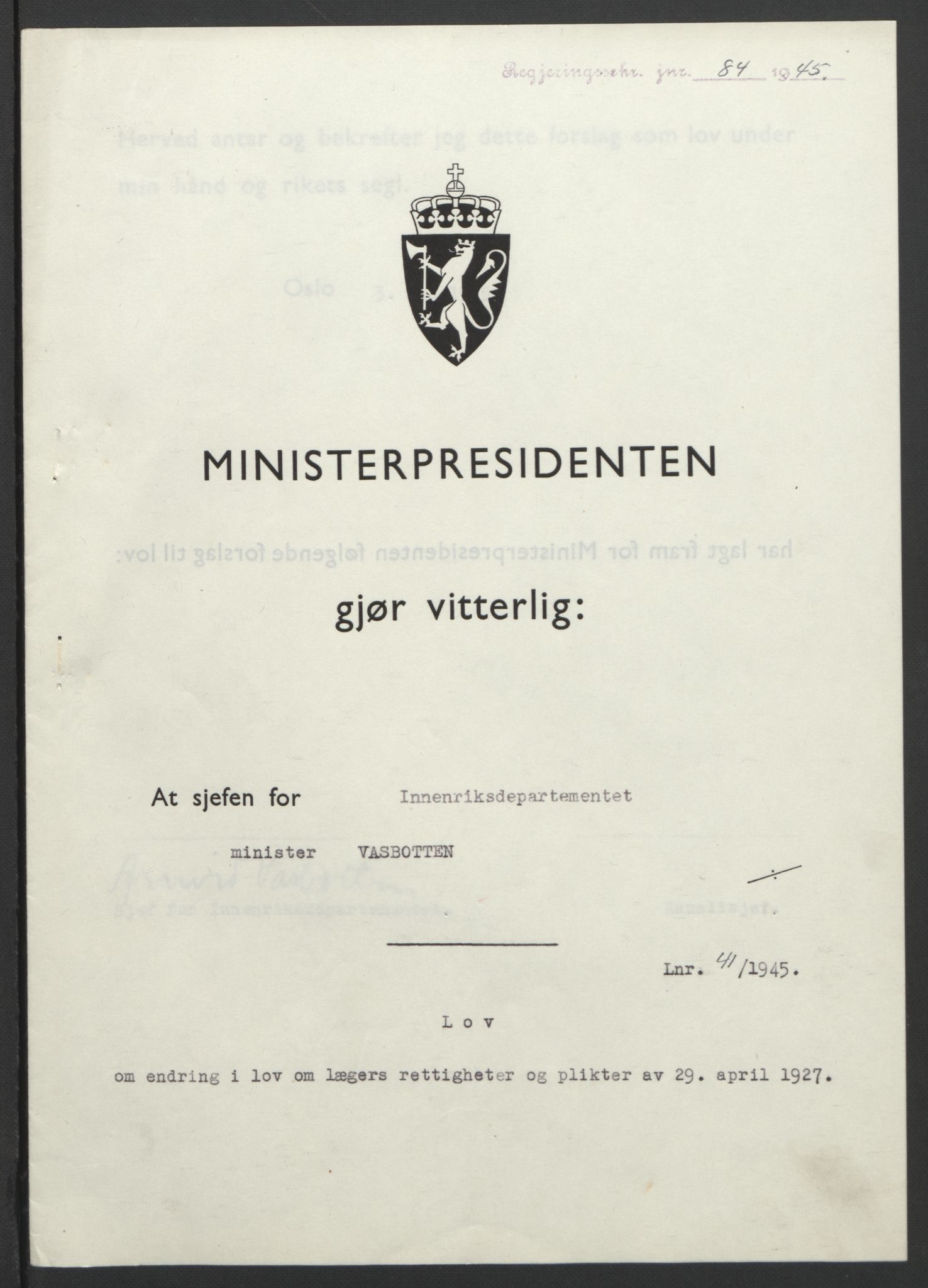 NS-administrasjonen 1940-1945 (Statsrådsekretariatet, de kommisariske statsråder mm), RA/S-4279/D/Db/L0101/0001: -- / Lover og vedtak, 1945, s. 166