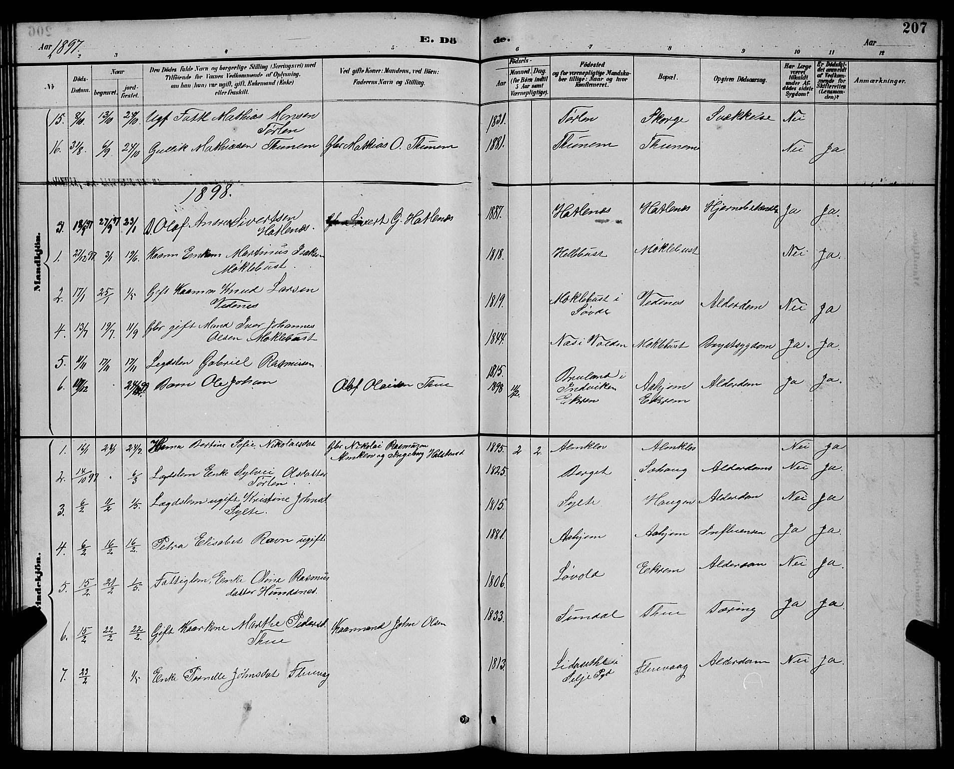 Ministerialprotokoller, klokkerbøker og fødselsregistre - Møre og Romsdal, AV/SAT-A-1454/501/L0017: Klokkerbok nr. 501C03, 1885-1901, s. 207