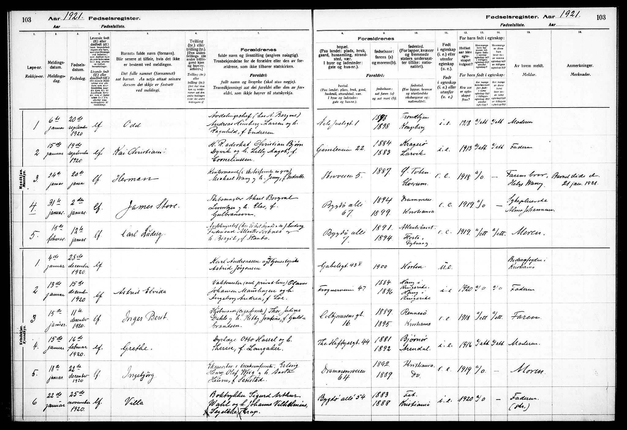 Frogner prestekontor Kirkebøker, AV/SAO-A-10886/J/Ja/L0001: Fødselsregister nr. 1, 1916-1927, s. 103