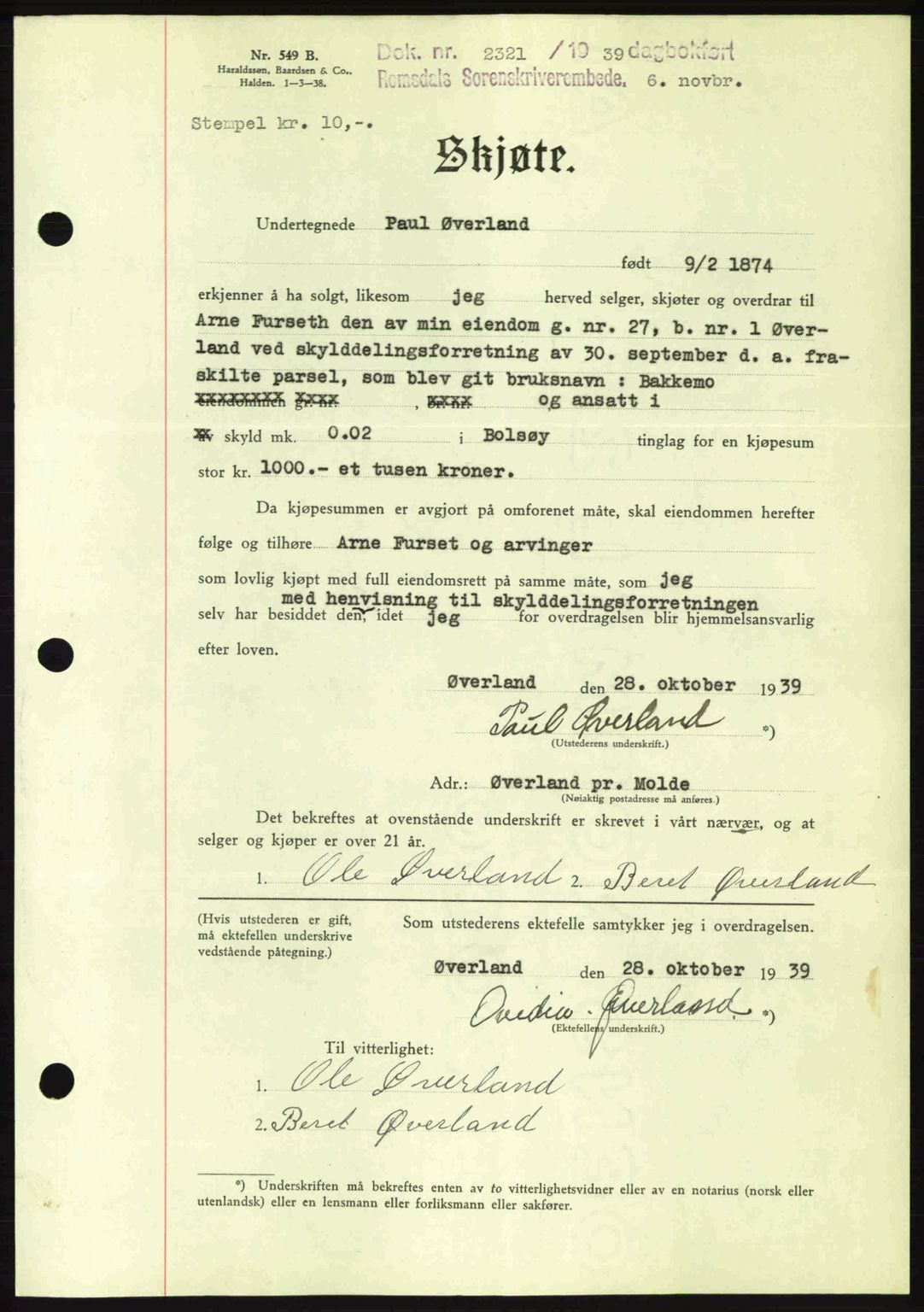 Romsdal sorenskriveri, AV/SAT-A-4149/1/2/2C: Pantebok nr. A7, 1939-1939, Dagboknr: 2321/1939