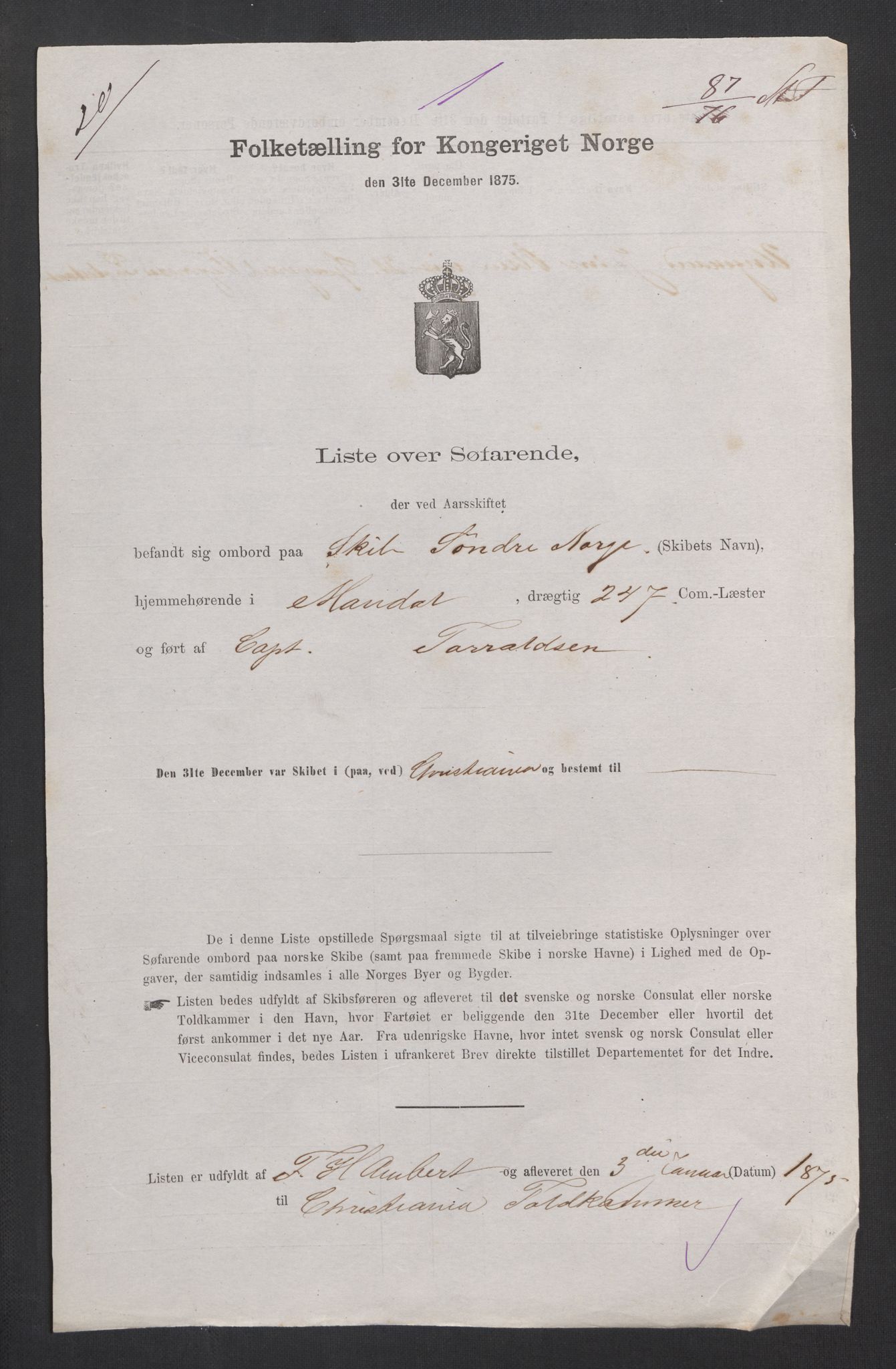 RA, Folketelling 1875, skipslister: Skip i innenrikske havner, hjemmehørende i byer og ladesteder, 1875, s. 405