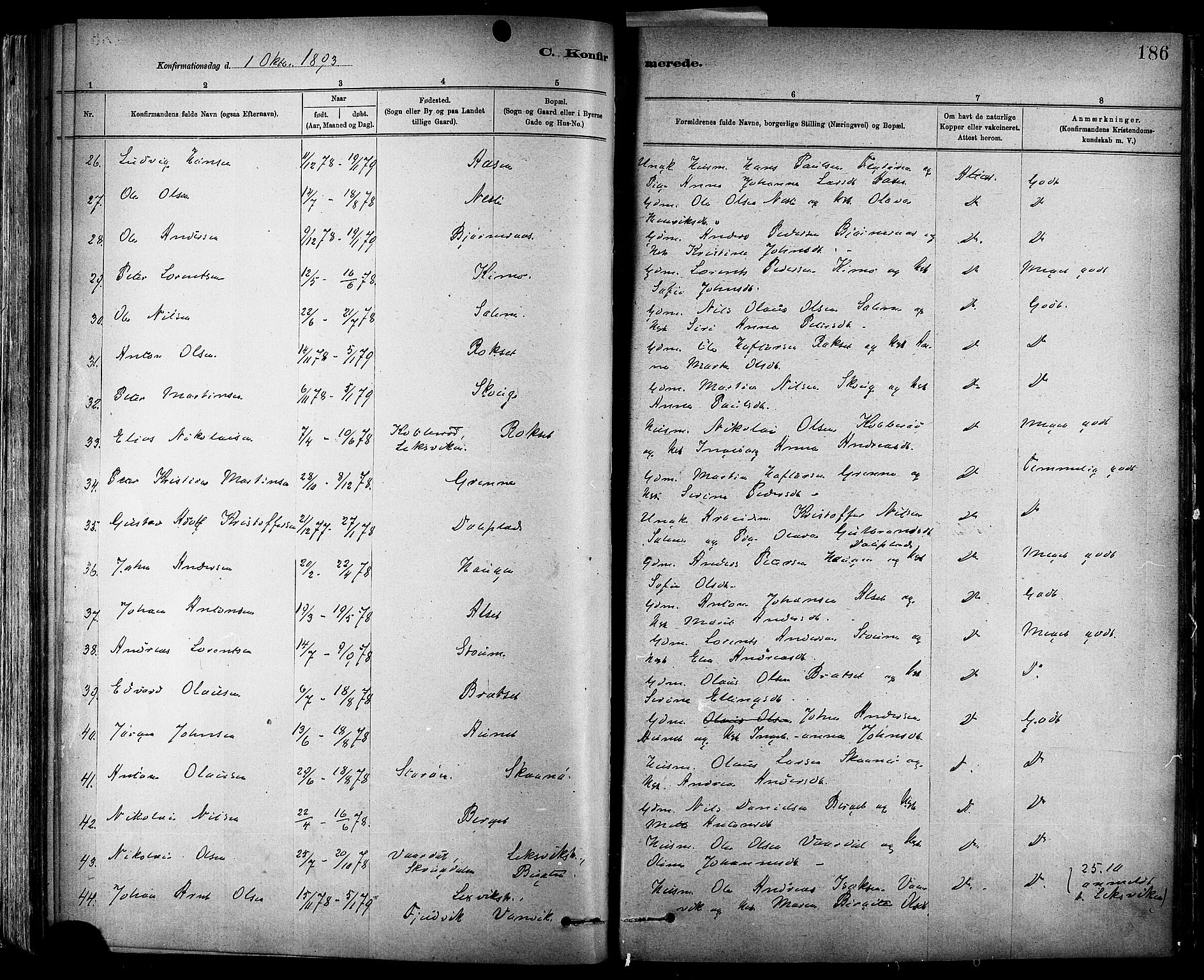 Ministerialprotokoller, klokkerbøker og fødselsregistre - Sør-Trøndelag, AV/SAT-A-1456/647/L0634: Ministerialbok nr. 647A01, 1885-1896, s. 186