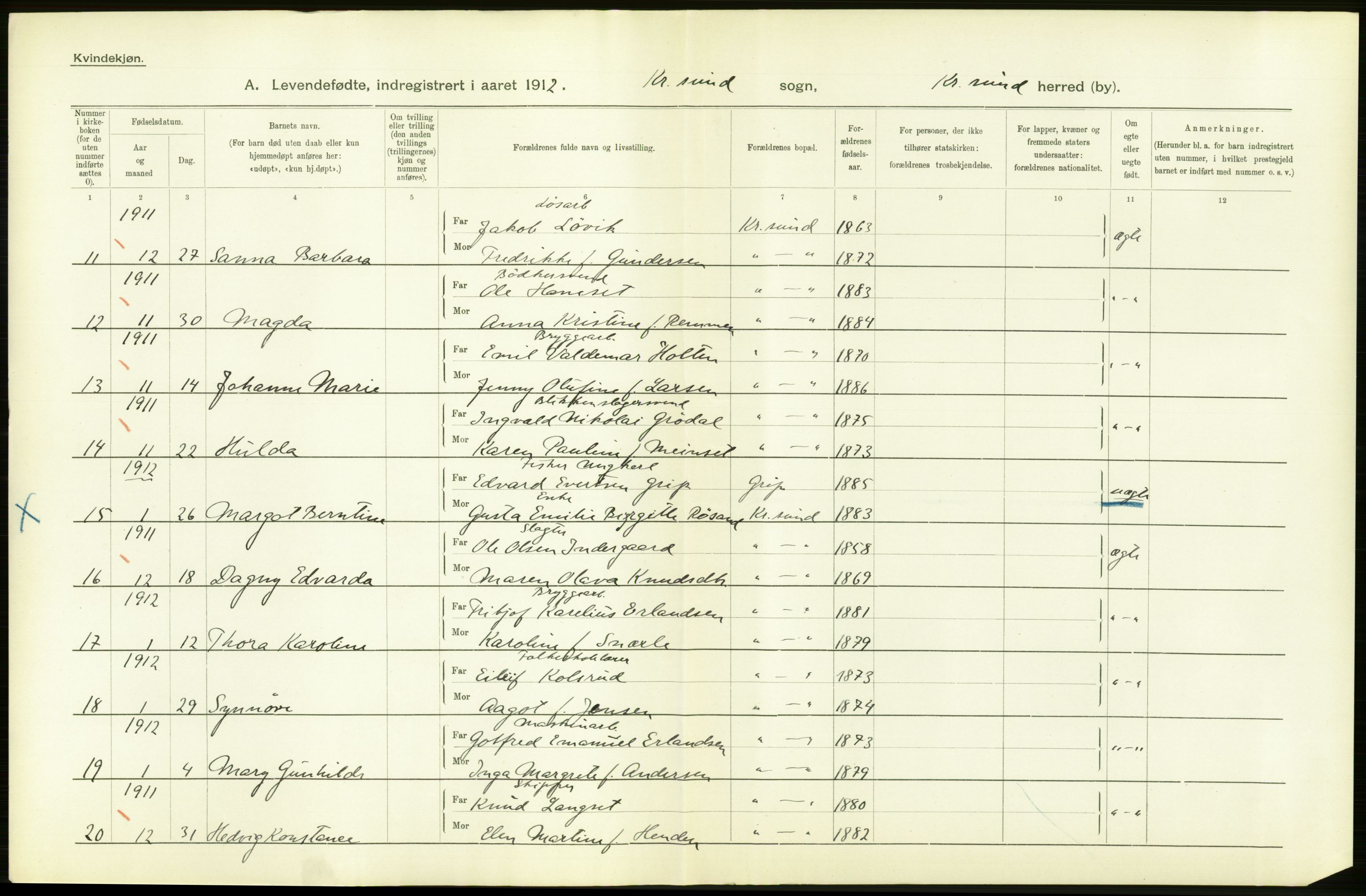 Statistisk sentralbyrå, Sosiodemografiske emner, Befolkning, AV/RA-S-2228/D/Df/Dfb/Dfbb/L0038: Romsdals amt: Levendefødte menn og kvinner. Bygder og byer samt gifte. Bygder og byer., 1912, s. 48
