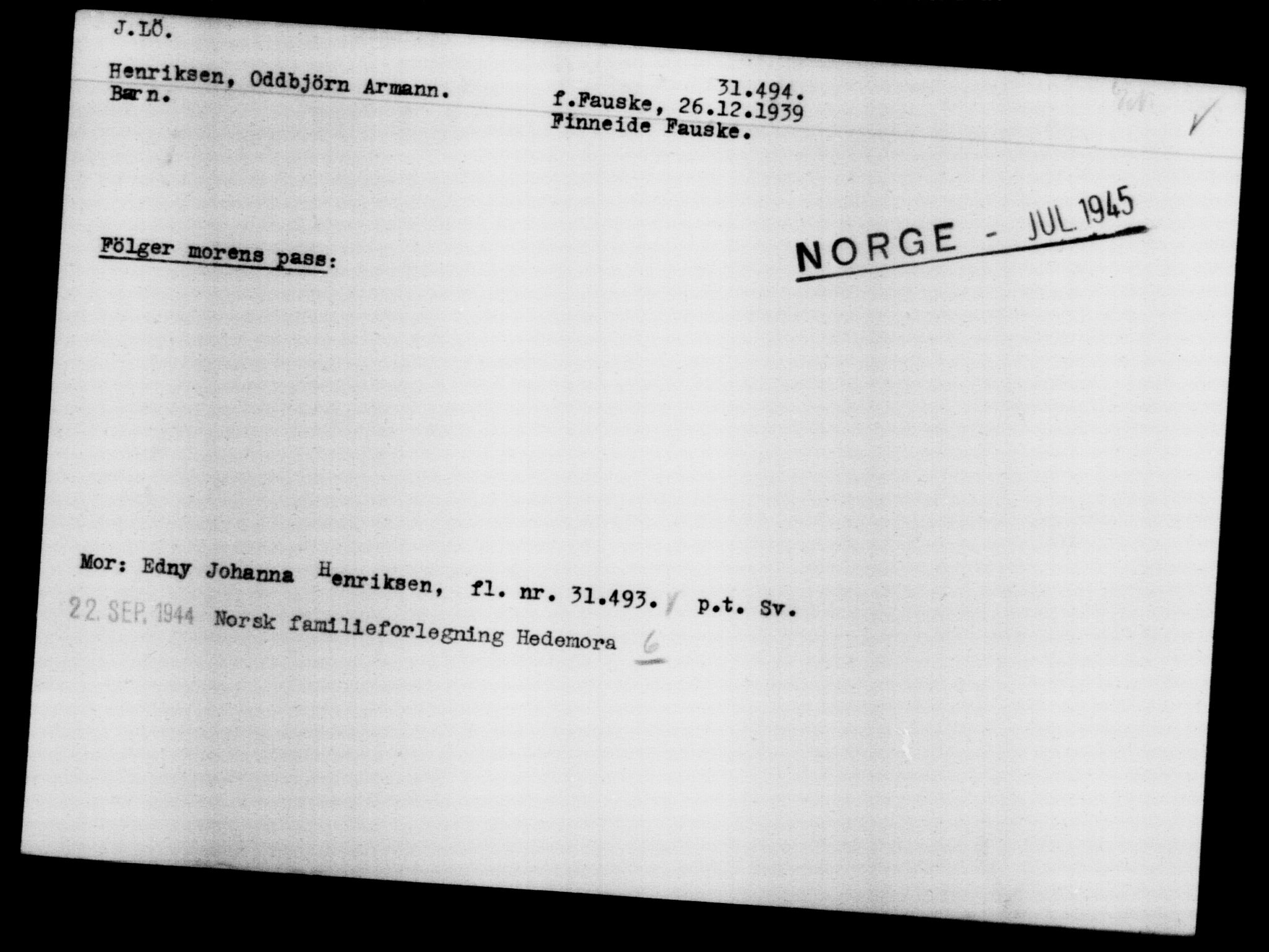 Utenriksstasjonene, Legasjonen i Stockholm, Flyktningkontoret, AV/RA-S-6753/V/Va/L0012: Kjesäterkartoteket, flyktninger med registreringsnr. 28300-31566, 1940-1945, s. 3460
