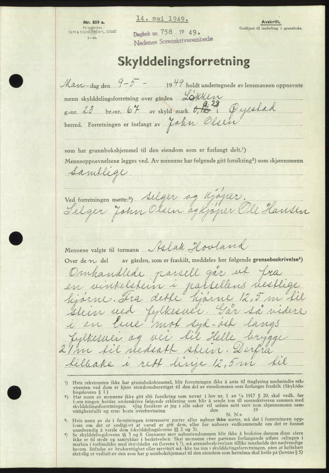 Nedenes sorenskriveri, SAK/1221-0006/G/Gb/Gba/L0060: Pantebok nr. A12, 1948-1949, Dagboknr: 758/1949