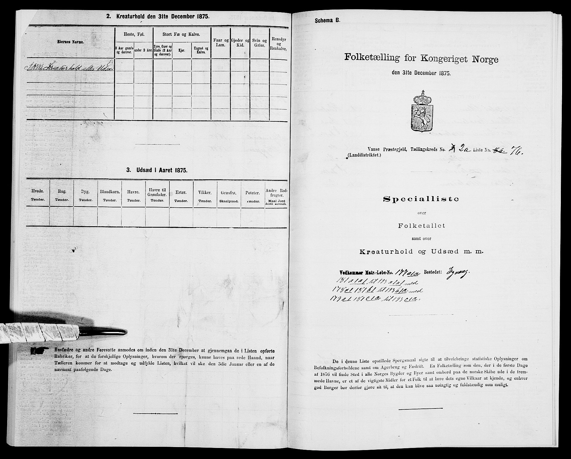 SAK, Folketelling 1875 for 1041L Vanse prestegjeld, Vanse sokn og Farsund landsokn, 1875, s. 452