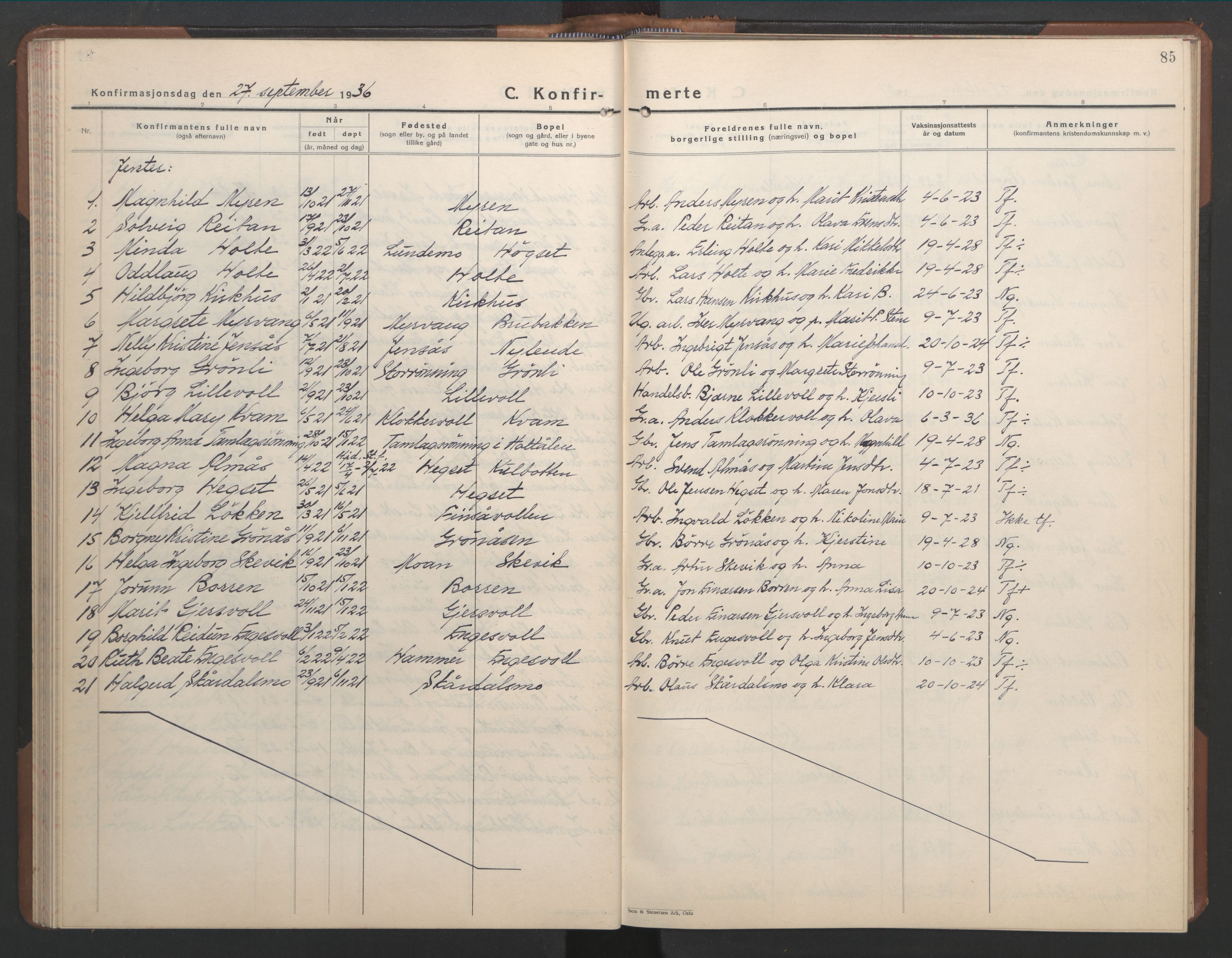 Ministerialprotokoller, klokkerbøker og fødselsregistre - Sør-Trøndelag, AV/SAT-A-1456/686/L0986: Klokkerbok nr. 686C02, 1933-1950, s. 85