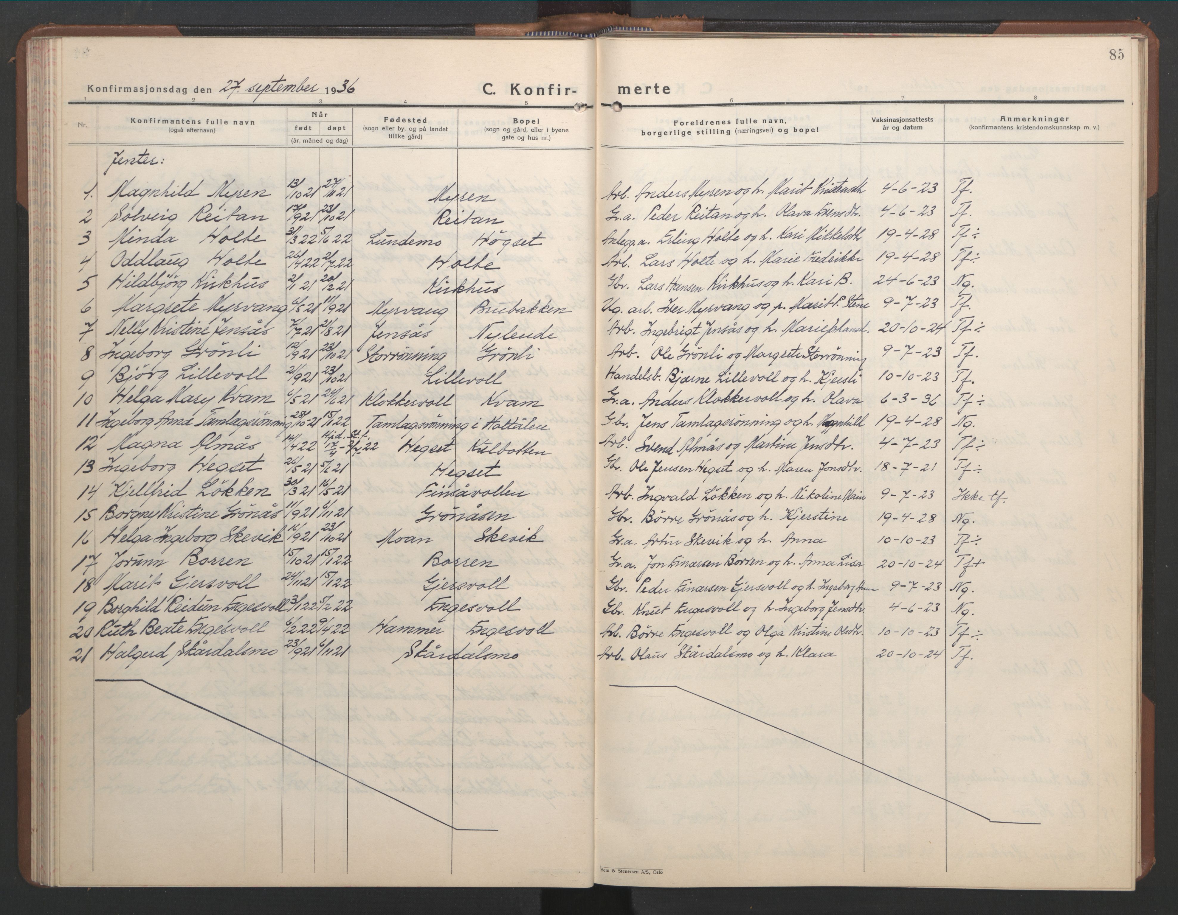 Ministerialprotokoller, klokkerbøker og fødselsregistre - Sør-Trøndelag, SAT/A-1456/686/L0986: Klokkerbok nr. 686C02, 1933-1950, s. 85