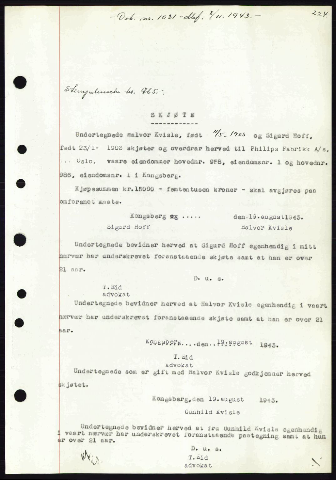 Numedal og Sandsvær sorenskriveri, SAKO/A-128/G/Ga/Gaa/L0055: Pantebok nr. A7, 1943-1944, Dagboknr: 1031/1943