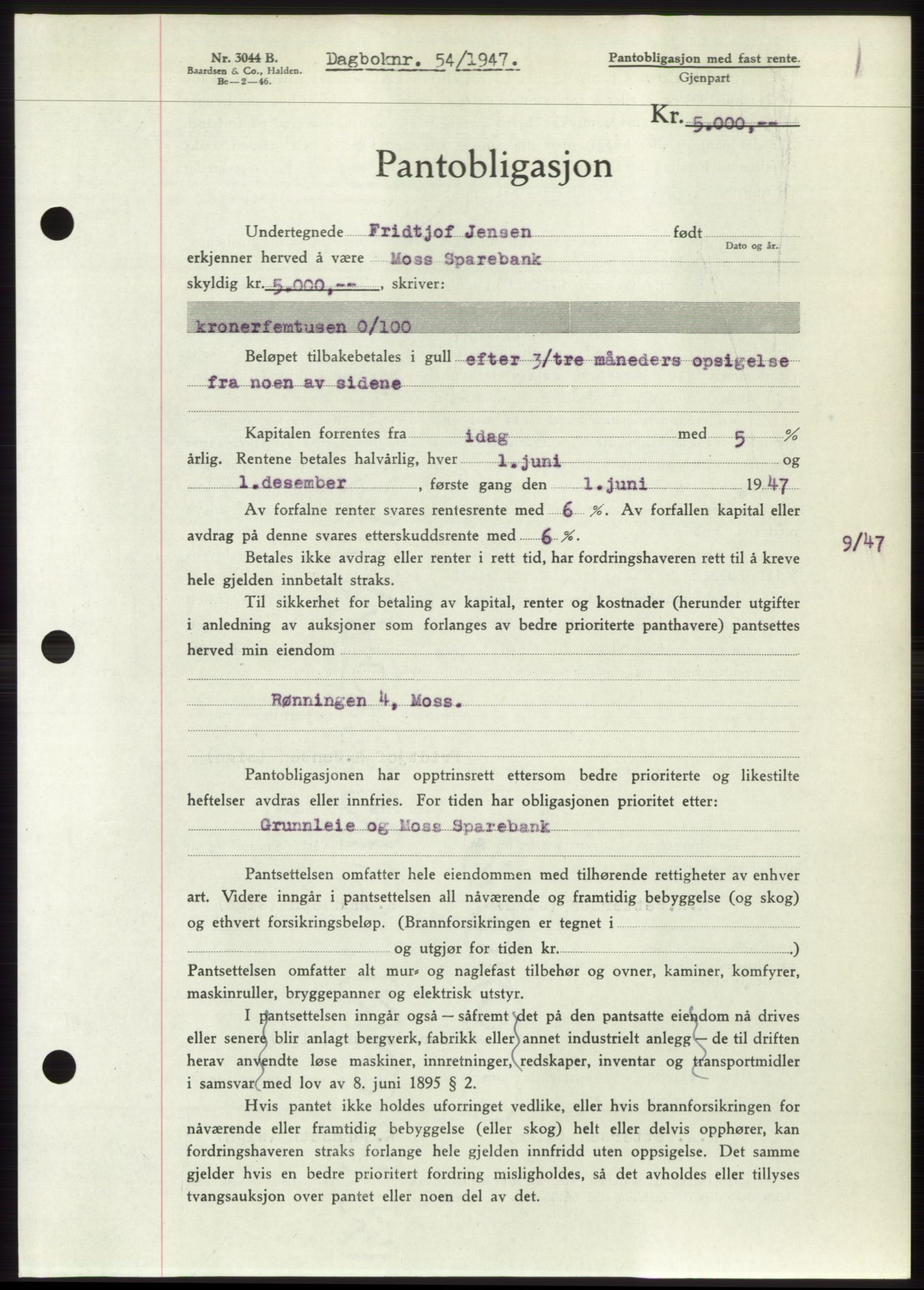 Moss sorenskriveri, SAO/A-10168: Pantebok nr. B16, 1946-1947, Dagboknr: 54/1947
