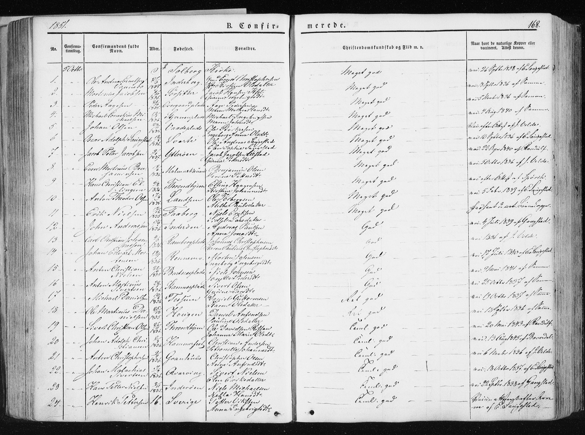 Ministerialprotokoller, klokkerbøker og fødselsregistre - Nord-Trøndelag, SAT/A-1458/741/L0393: Ministerialbok nr. 741A07, 1849-1863, s. 168