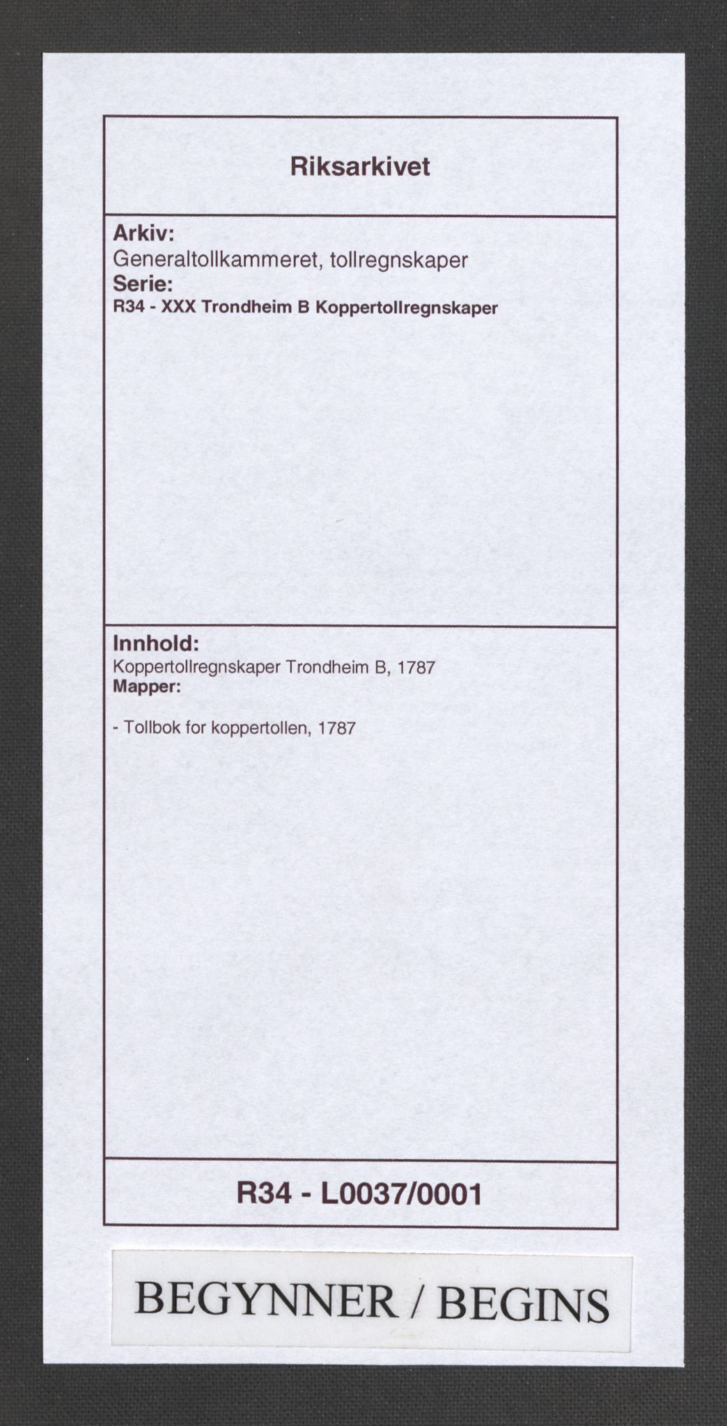 Generaltollkammeret, tollregnskaper, RA/EA-5490/R34/L0037/0001: Koppertollregnskaper Trondheim B / Tollbok for koppertollen, 1787
