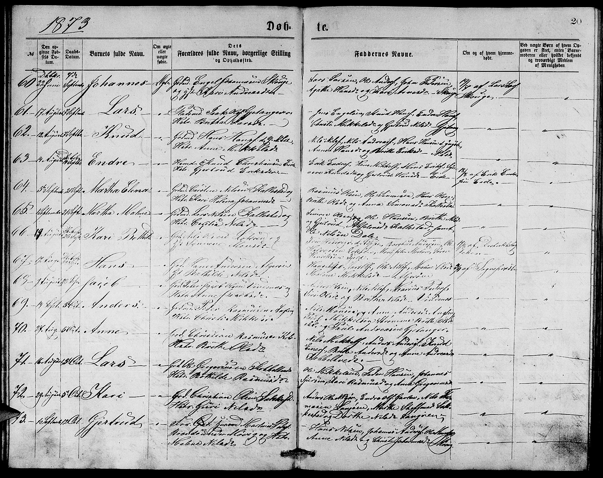 Fjell sokneprestembete, AV/SAB-A-75301/H/Hab: Klokkerbok nr. A 2, 1871-1879, s. 20