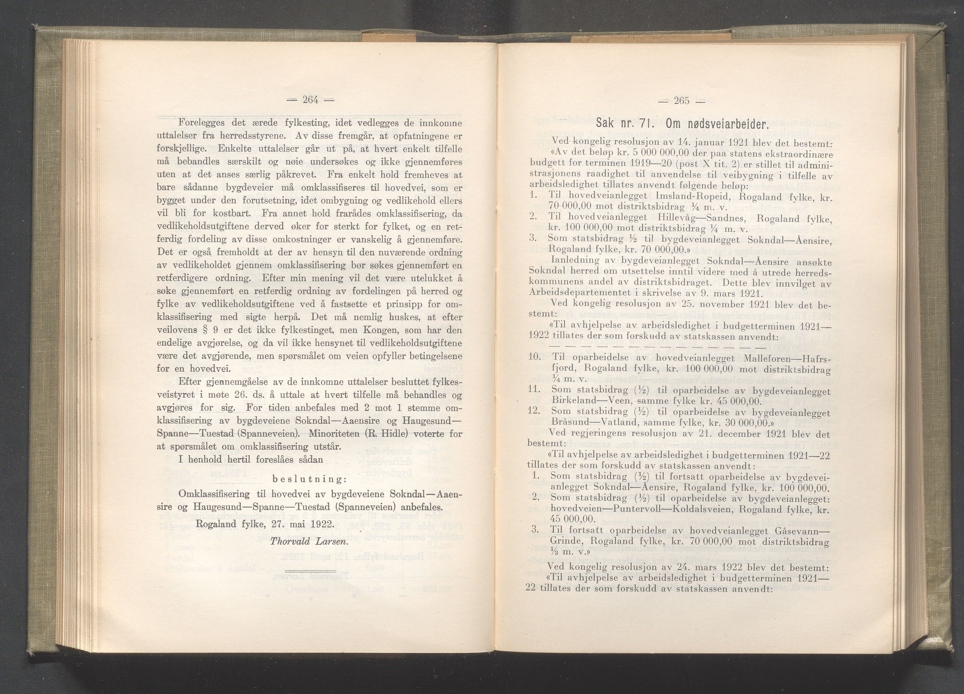 Rogaland fylkeskommune - Fylkesrådmannen , IKAR/A-900/A/Aa/Aaa/L0041: Møtebok , 1922, s. 264-265