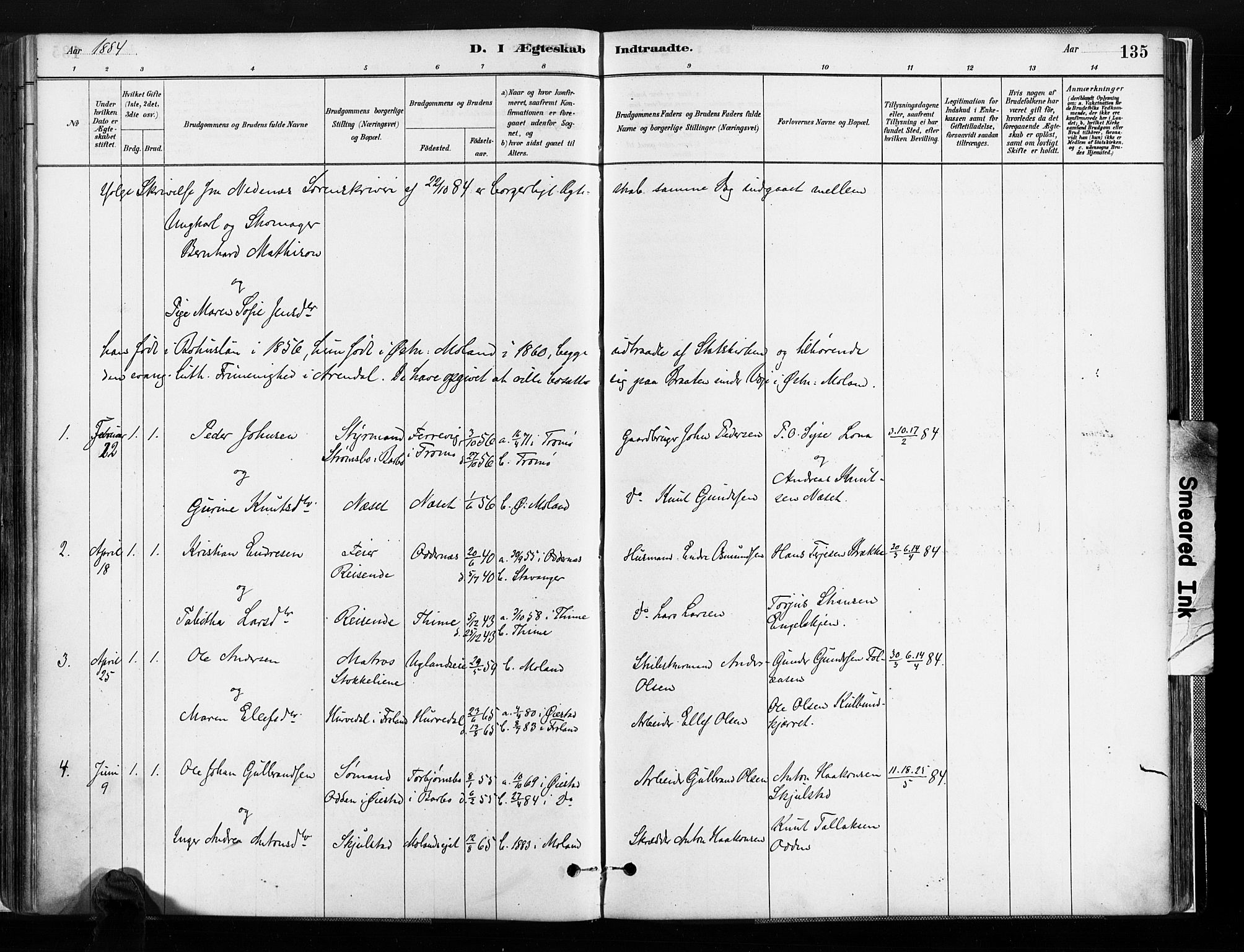 Austre Moland sokneprestkontor, AV/SAK-1111-0001/F/Fa/Faa/L0010: Ministerialbok nr. A 10, 1880-1904, s. 135