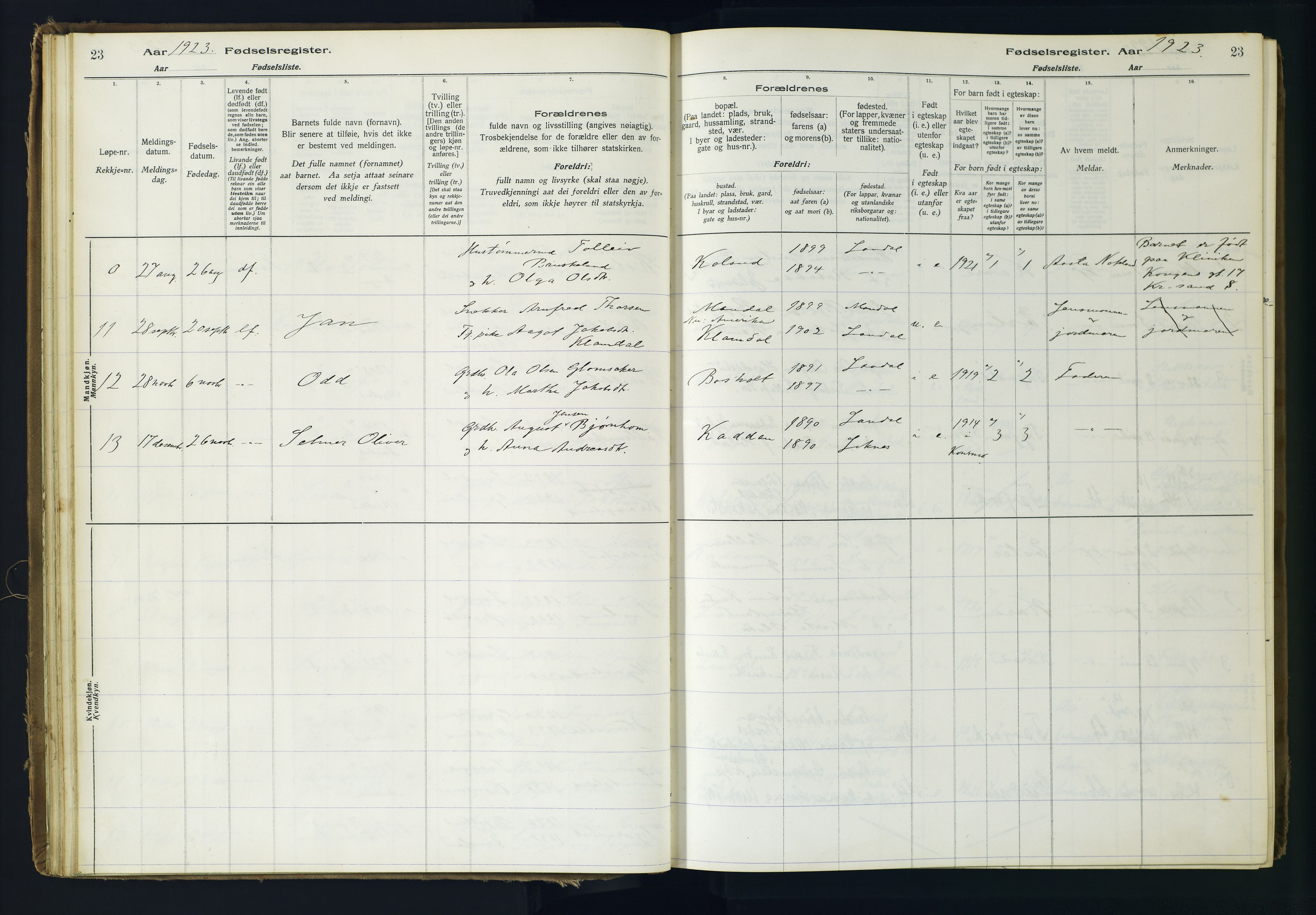 Holum sokneprestkontor, AV/SAK-1111-0022/J/Ja/L0001: Fødselsregister nr. II.6.10, 1916-1982, s. 23