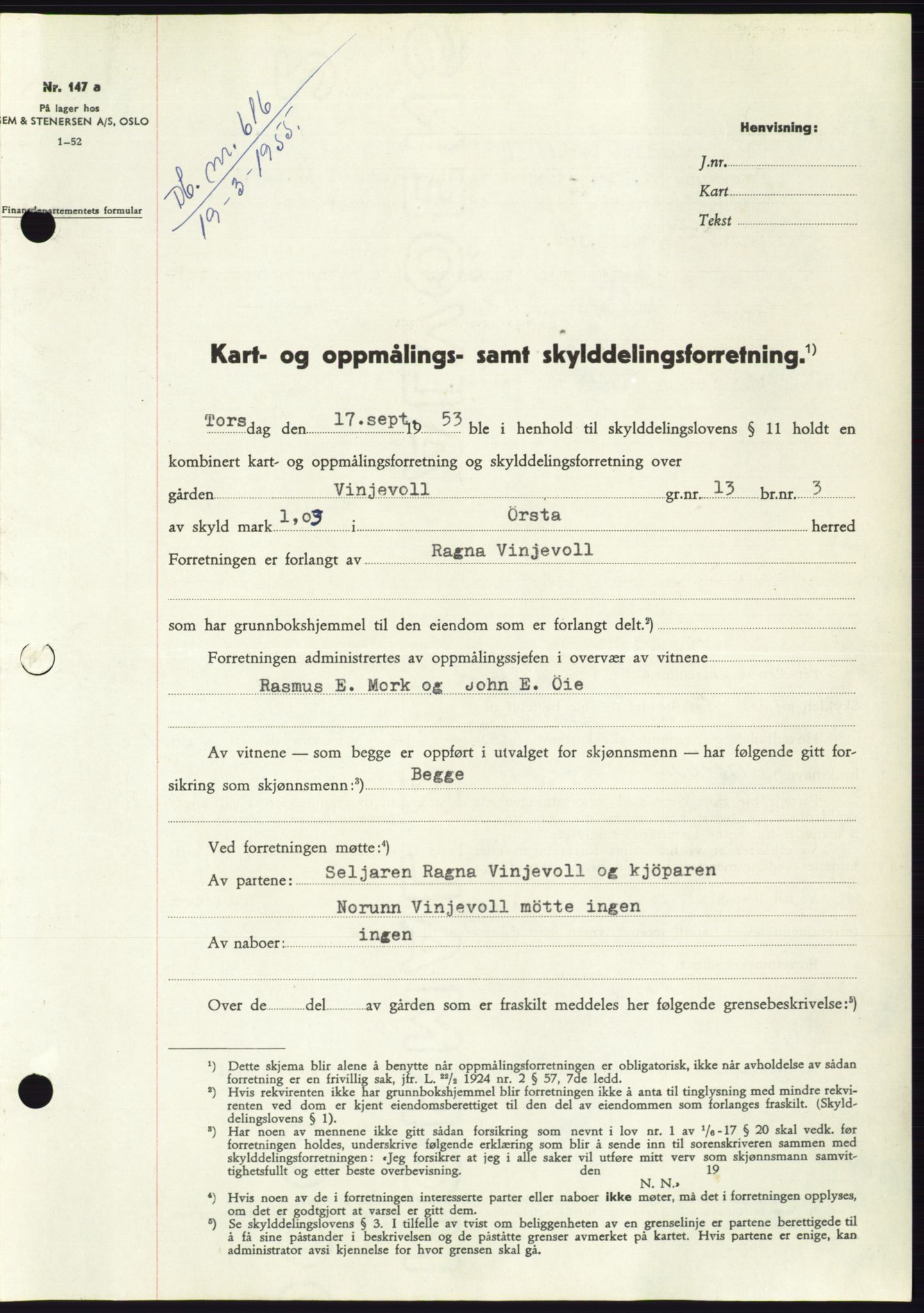 Søre Sunnmøre sorenskriveri, SAT/A-4122/1/2/2C/L0100: Pantebok nr. 26A, 1954-1955, Dagboknr: 616/1955