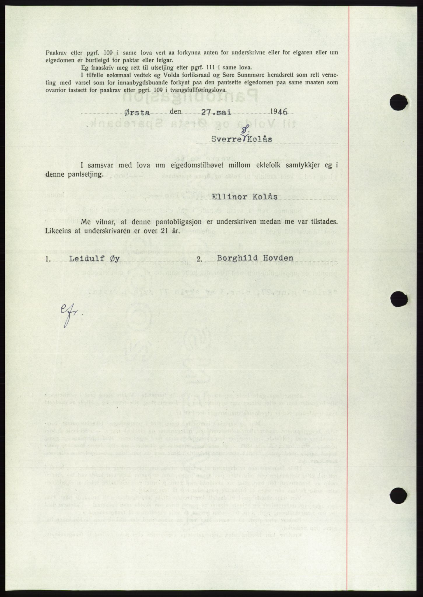 Søre Sunnmøre sorenskriveri, AV/SAT-A-4122/1/2/2C/L0114: Pantebok nr. 1-2B, 1943-1947, Dagboknr: 530/1946
