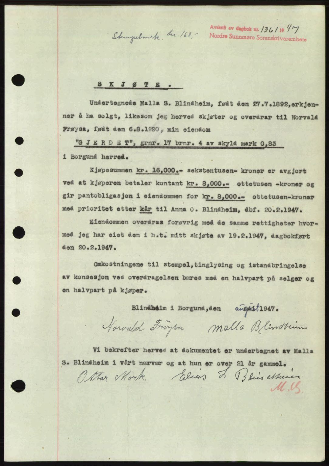 Nordre Sunnmøre sorenskriveri, AV/SAT-A-0006/1/2/2C/2Ca: Pantebok nr. A25, 1947-1947, Dagboknr: 1361/1947