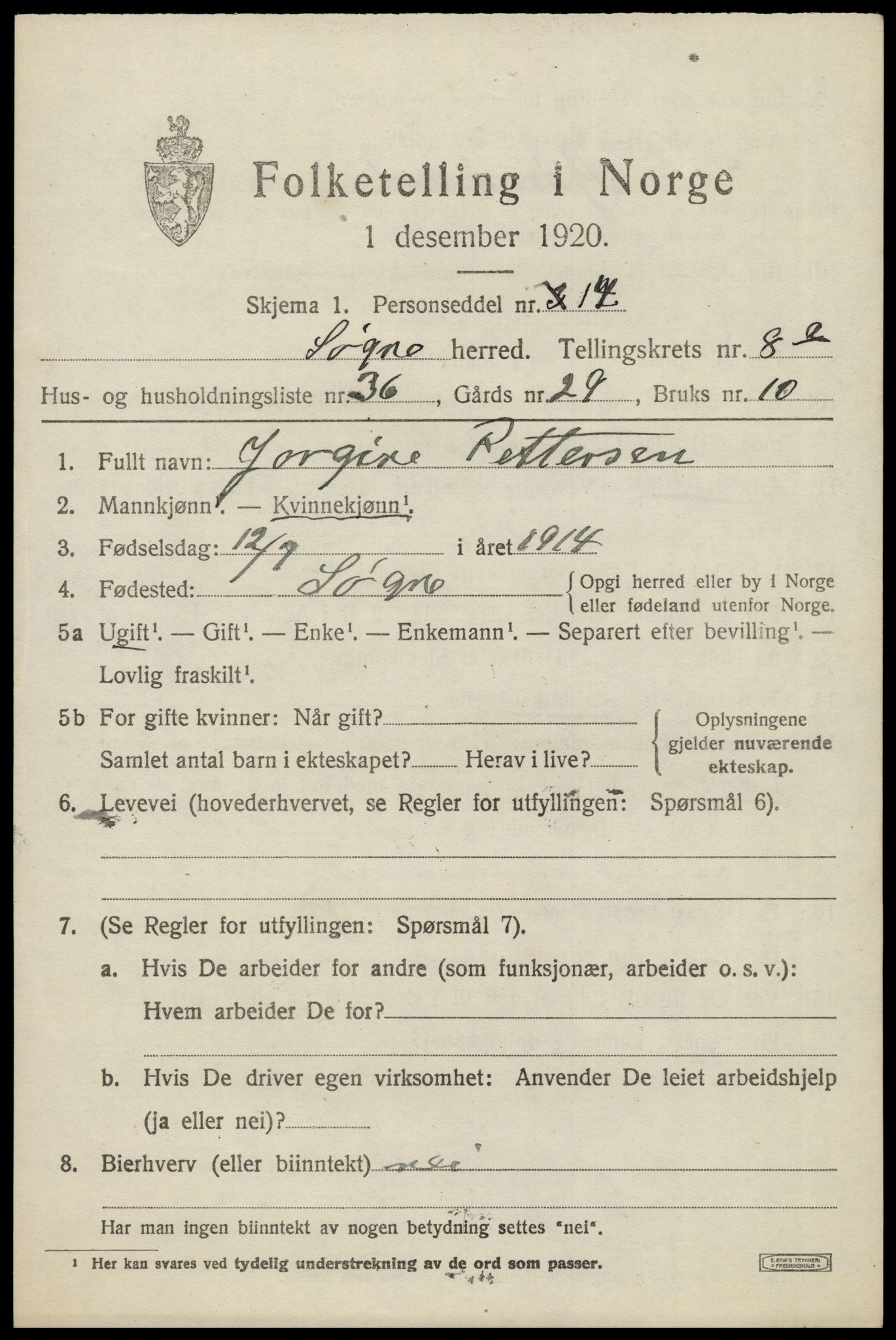 SAK, Folketelling 1920 for 1018 Søgne herred, 1920, s. 4399