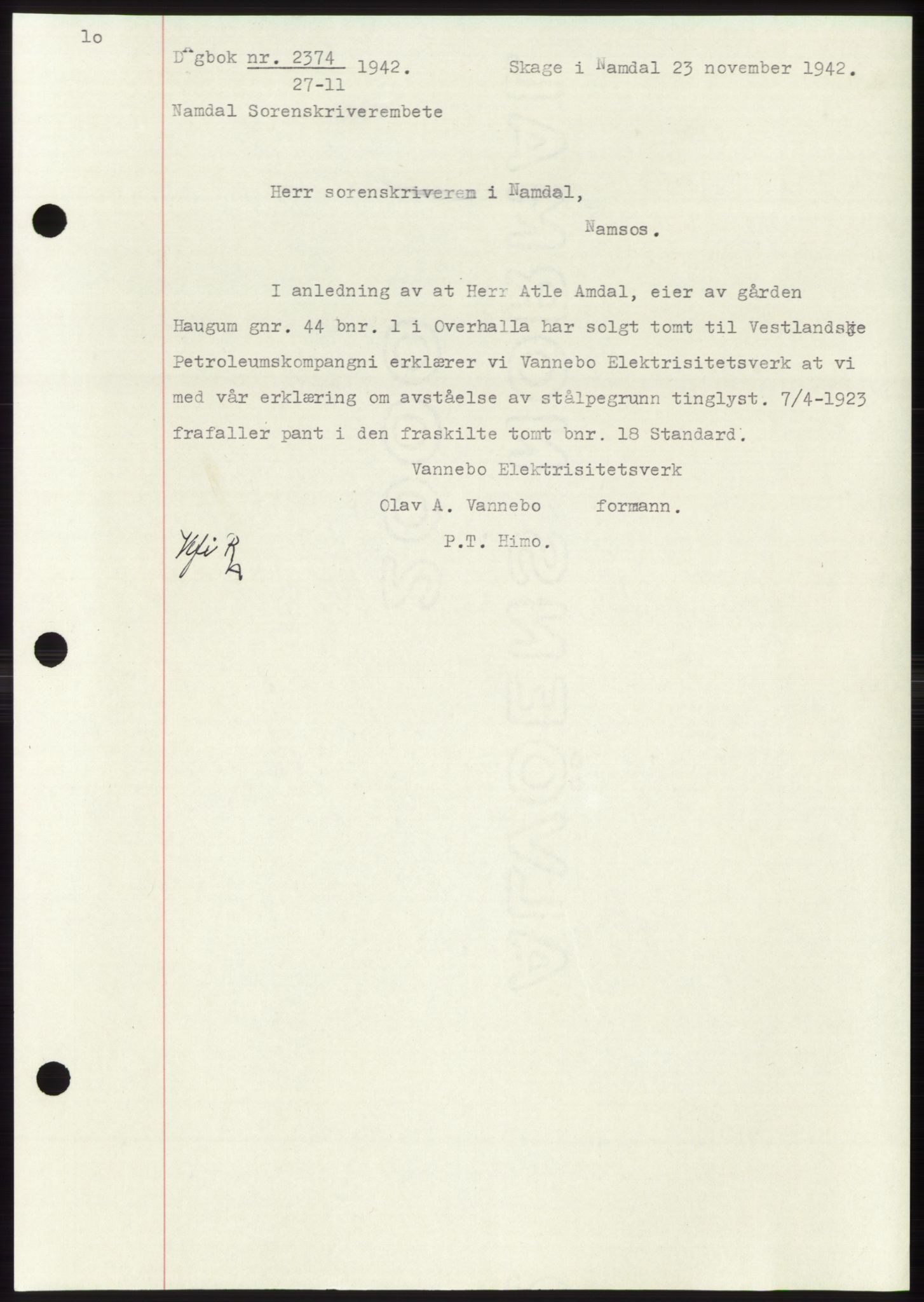 Namdal sorenskriveri, SAT/A-4133/1/2/2C: Pantebok nr. -, 1942-1943, Dagboknr: 2374/1942