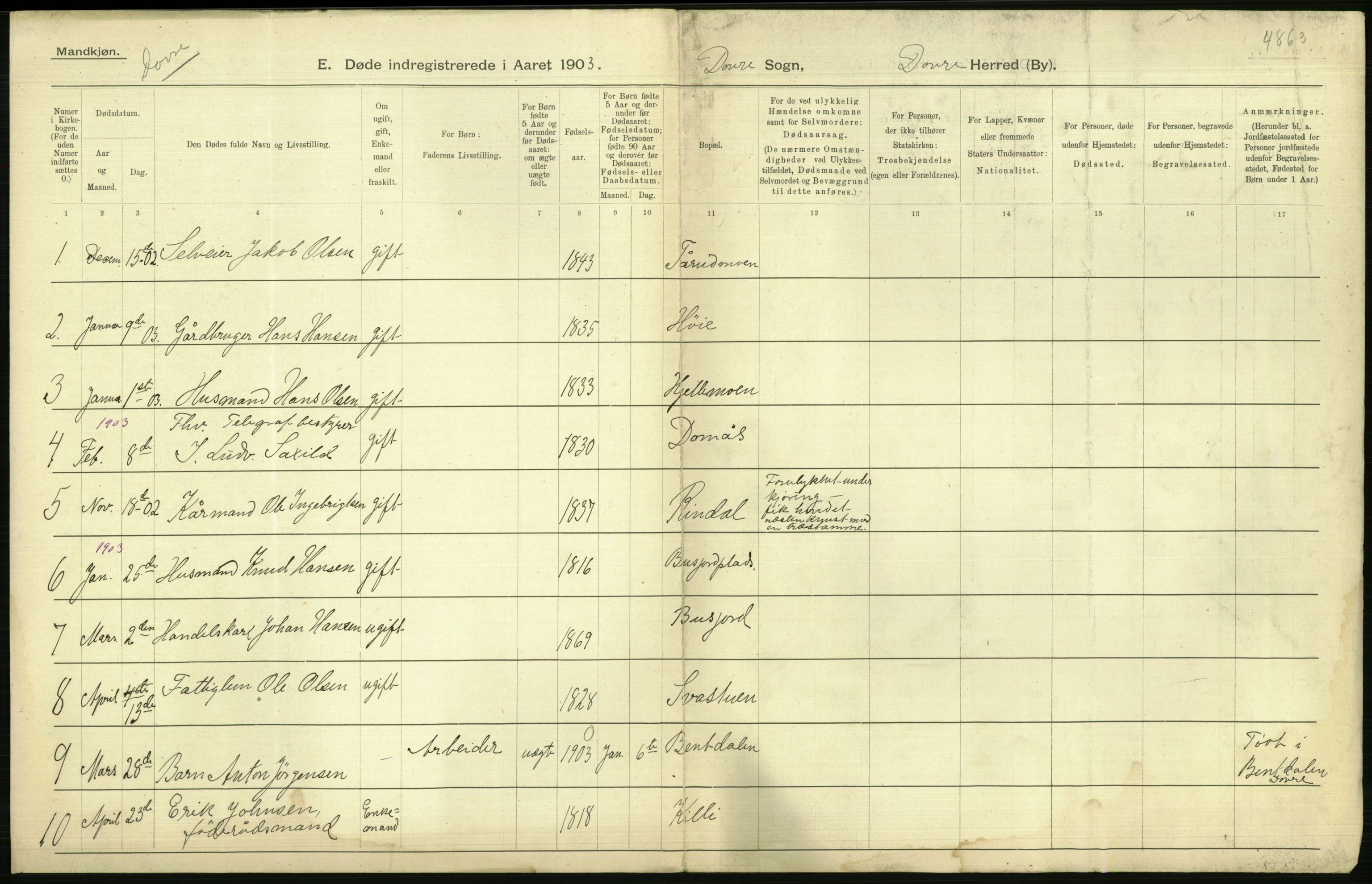 Statistisk sentralbyrå, Sosiodemografiske emner, Befolkning, AV/RA-S-2228/D/Df/Dfa/Dfaa/L0006: Kristians amt: Fødte, gifte, døde, 1903, s. 580