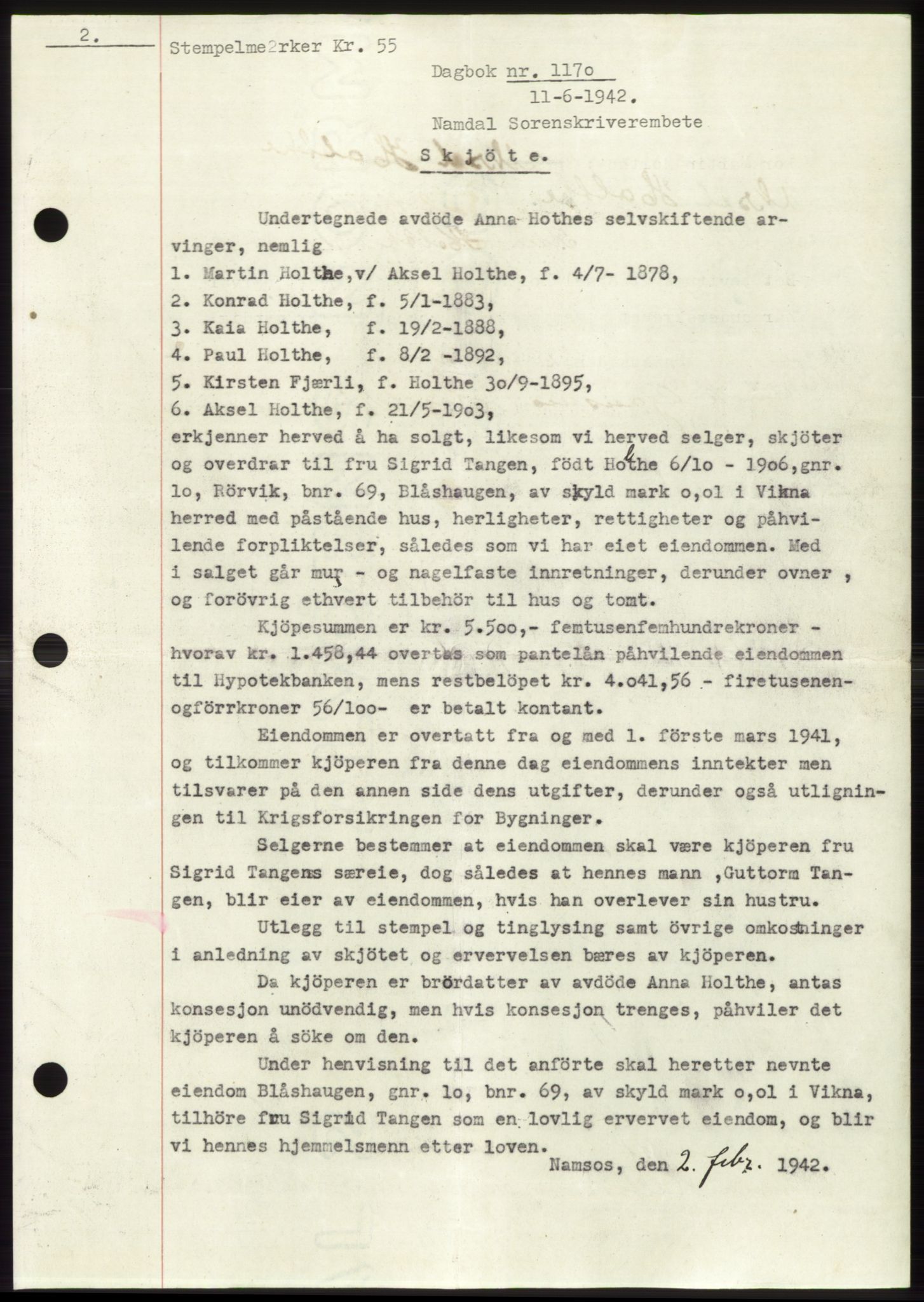 Namdal sorenskriveri, SAT/A-4133/1/2/2C: Pantebok nr. -, 1941-1942, Dagboknr: 1170/1942