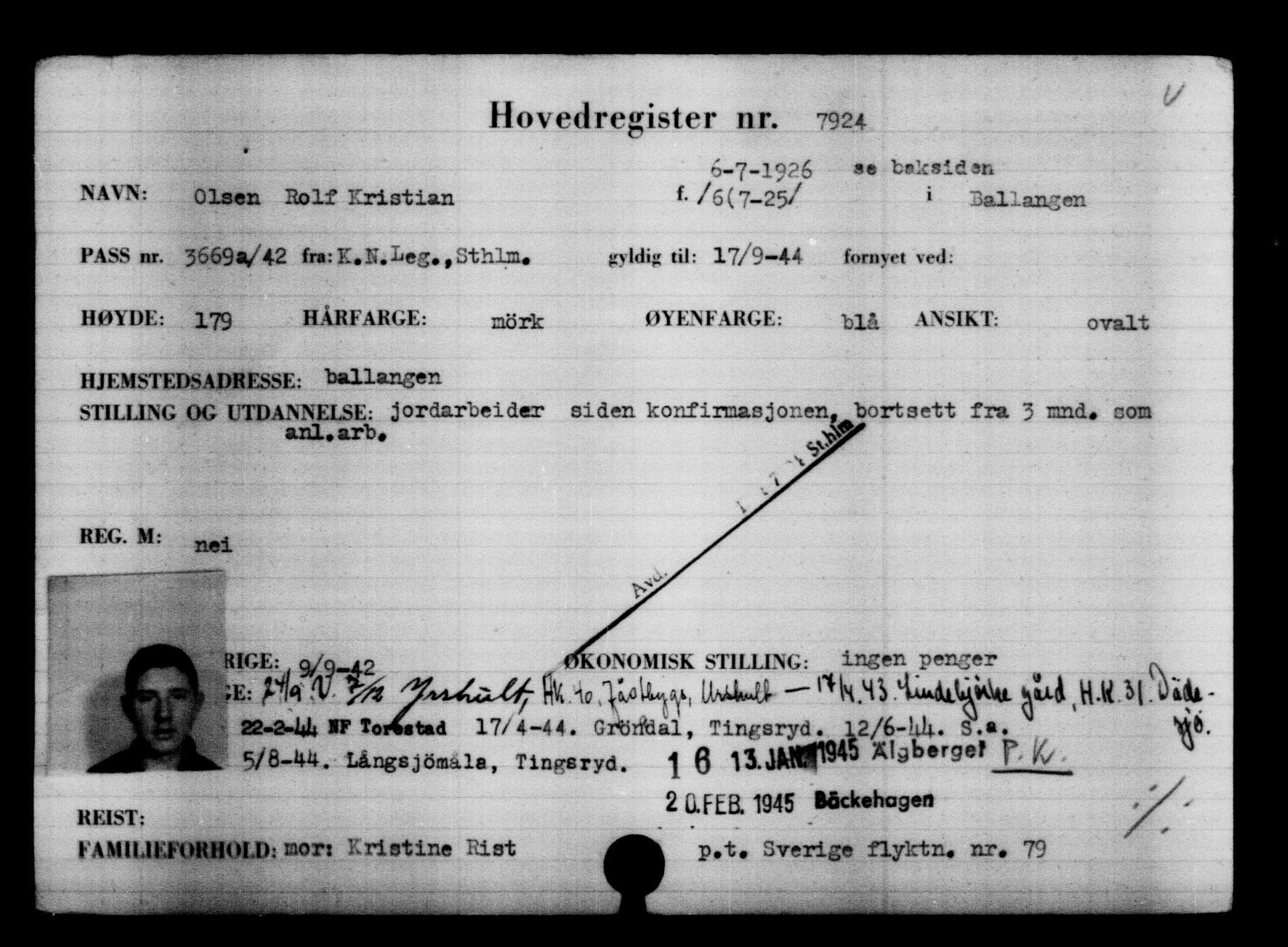 Utenriksstasjonene, Legasjonen i Stockholm, Flyktningkontoret, AV/RA-S-6753/V/Va/L0005: Kjesäterkartoteket, flyktninger med registreringsnr. 6600-9417, 1940-1945, s. 1549