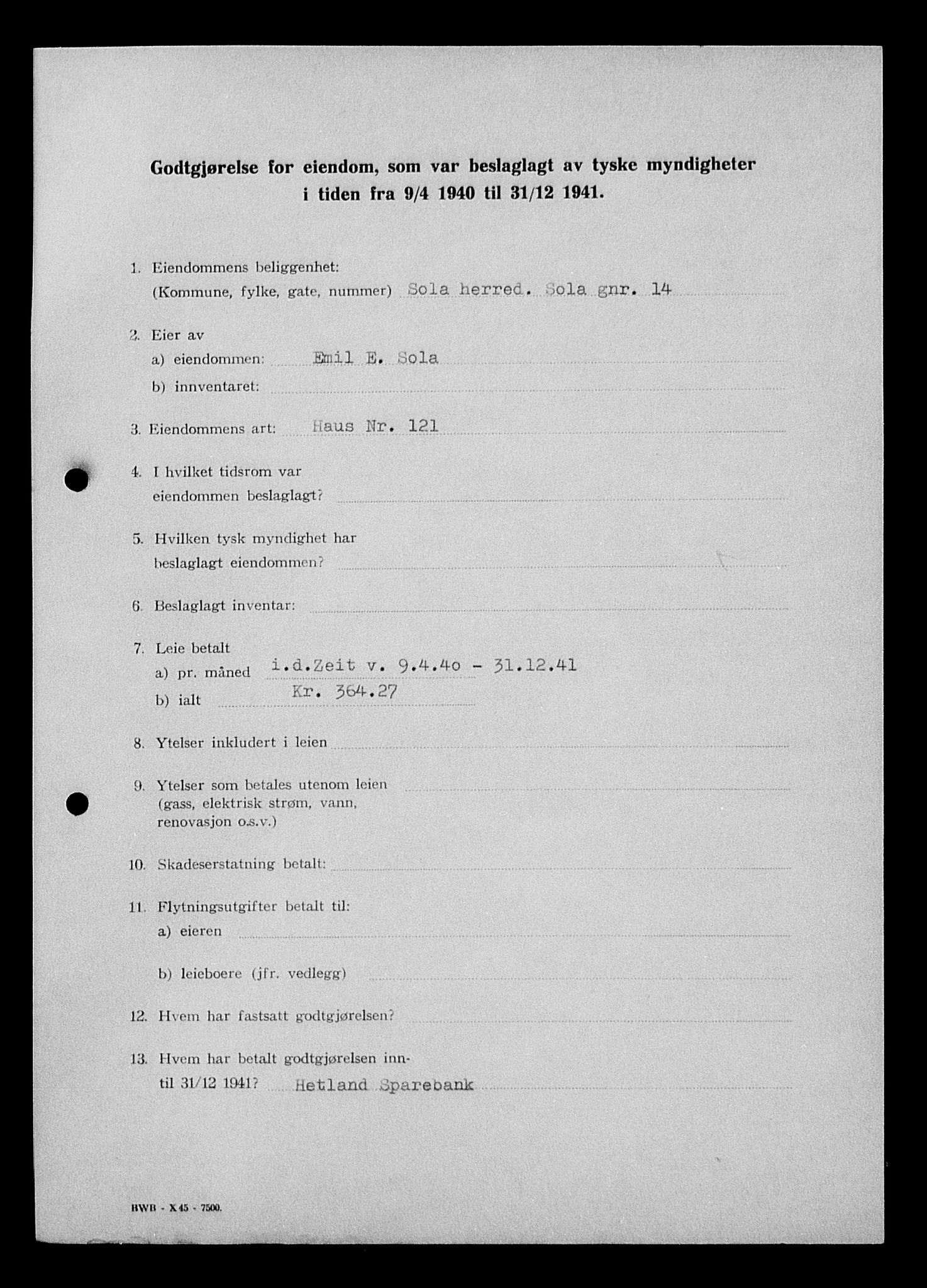 Justisdepartementet, Tilbakeføringskontoret for inndratte formuer, AV/RA-S-1564/I/L1015: Godtgjørelse for beslaglagt eiendom, 1940-1941, s. 210