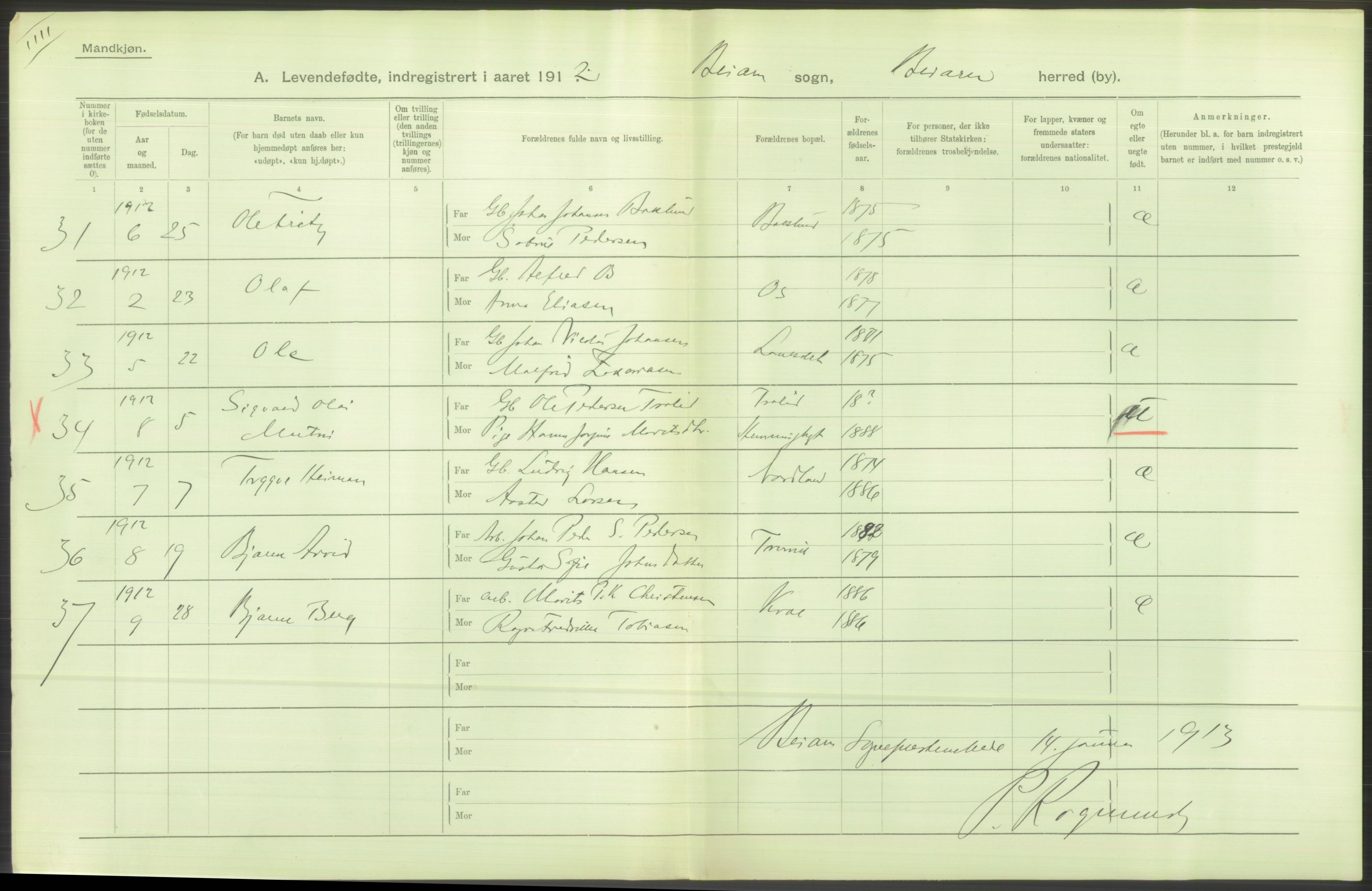 Statistisk sentralbyrå, Sosiodemografiske emner, Befolkning, AV/RA-S-2228/D/Df/Dfb/Dfbb/L0046: Nordlands amt: Levendefødte menn og kvinner. Bygder., 1912, s. 8