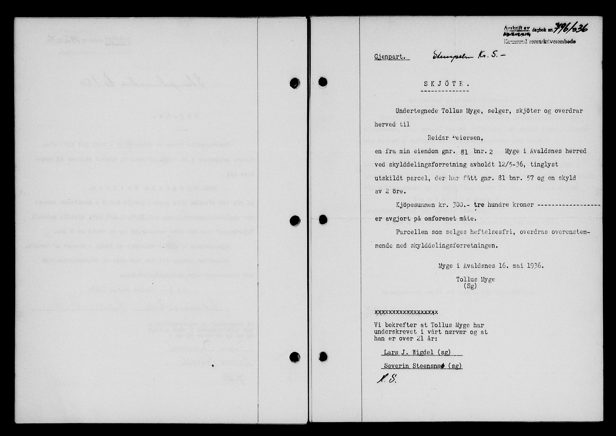 Karmsund sorenskriveri, SAST/A-100311/01/II/IIB/L0066: Pantebok nr. 47A, 1936-1936, Dagboknr: 796/1936
