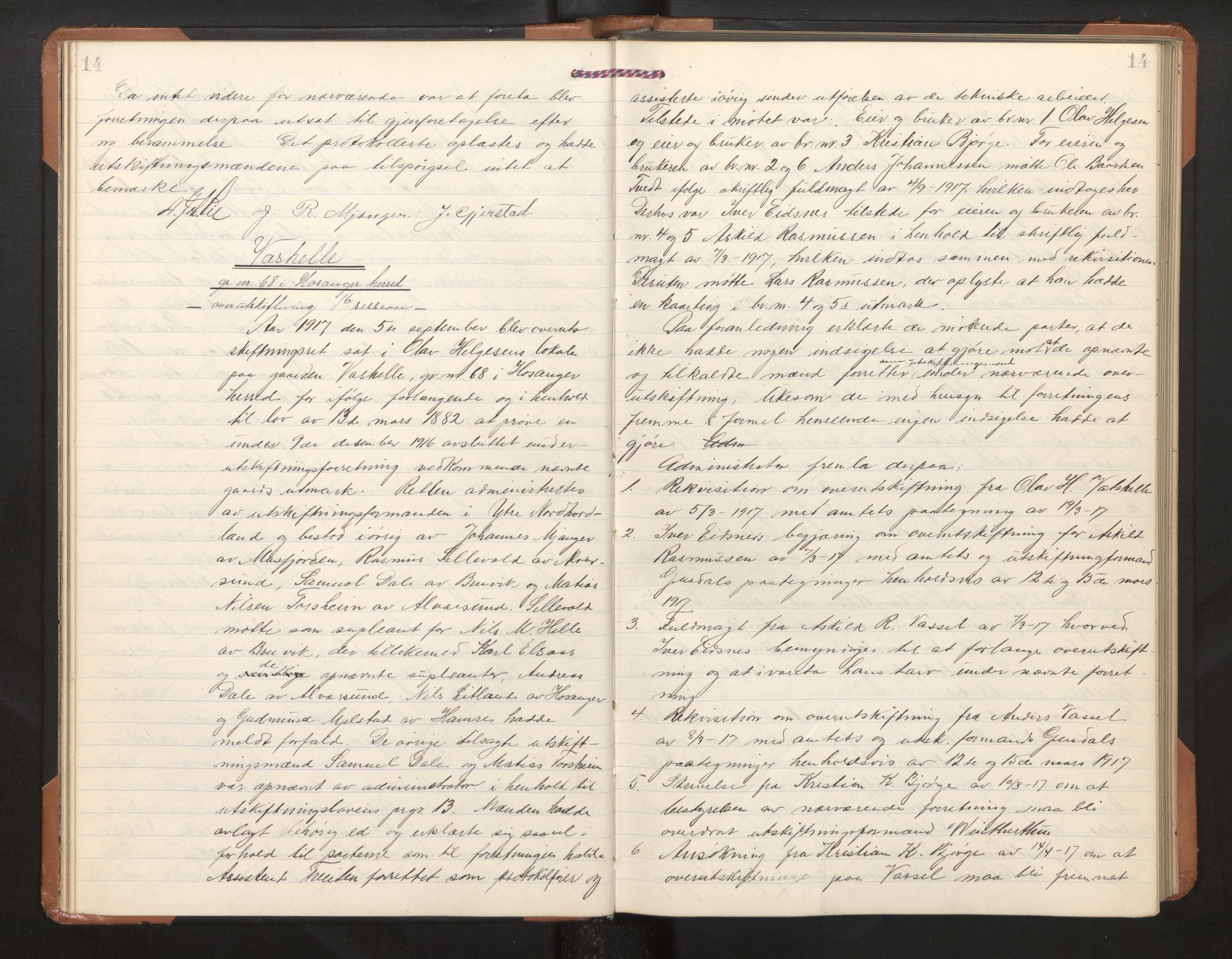 Hordaland jordskiftedøme - II Ytre Nordhordland jordskiftedistrikt, AV/SAB-A-6901/A/Aa/L0030: Forhandlingsprotokoll, 1917-1919, s. 14